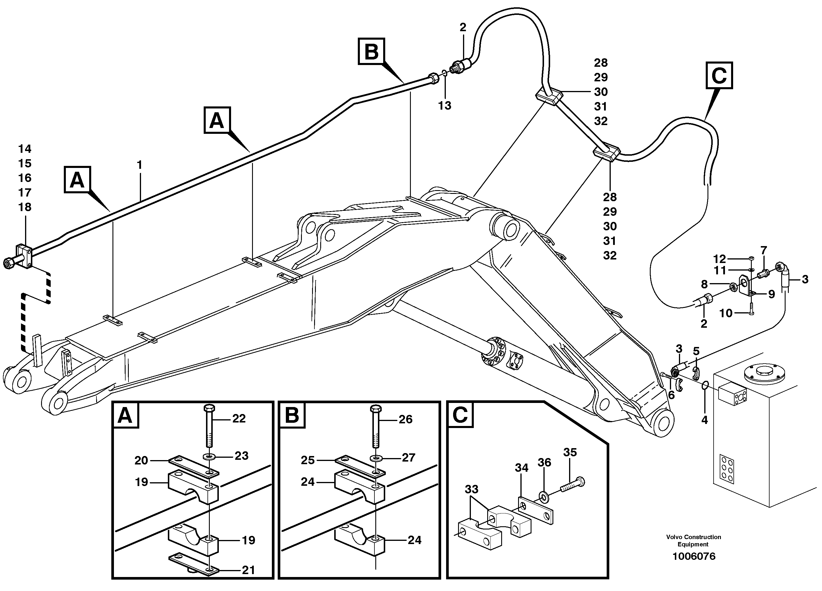 Схема запчастей Volvo EW180B - 49168 Hammer hydraulics on adjustable boom, return line EW180B