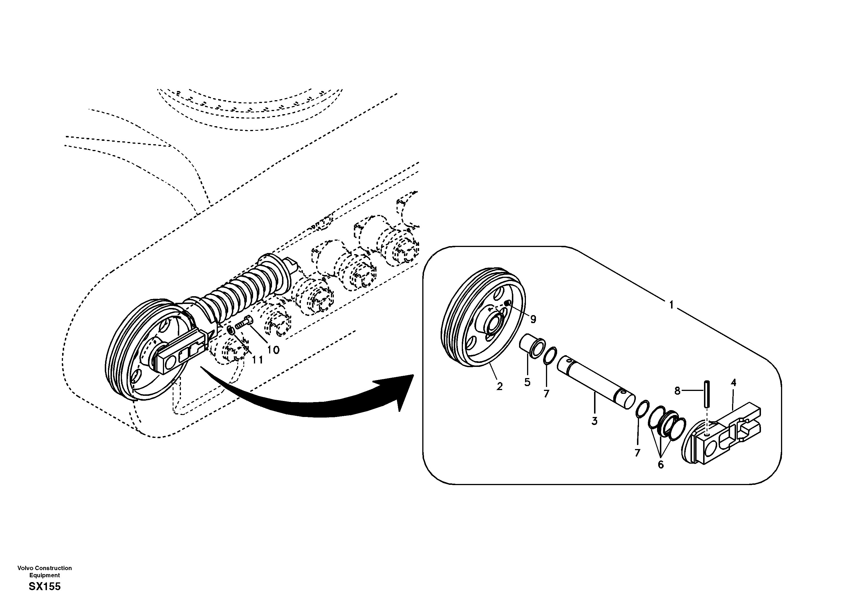 Схема запчастей Volvo EC330B - 6382 Ленивец (Направляющее колесо гусеницы), передний EC330B