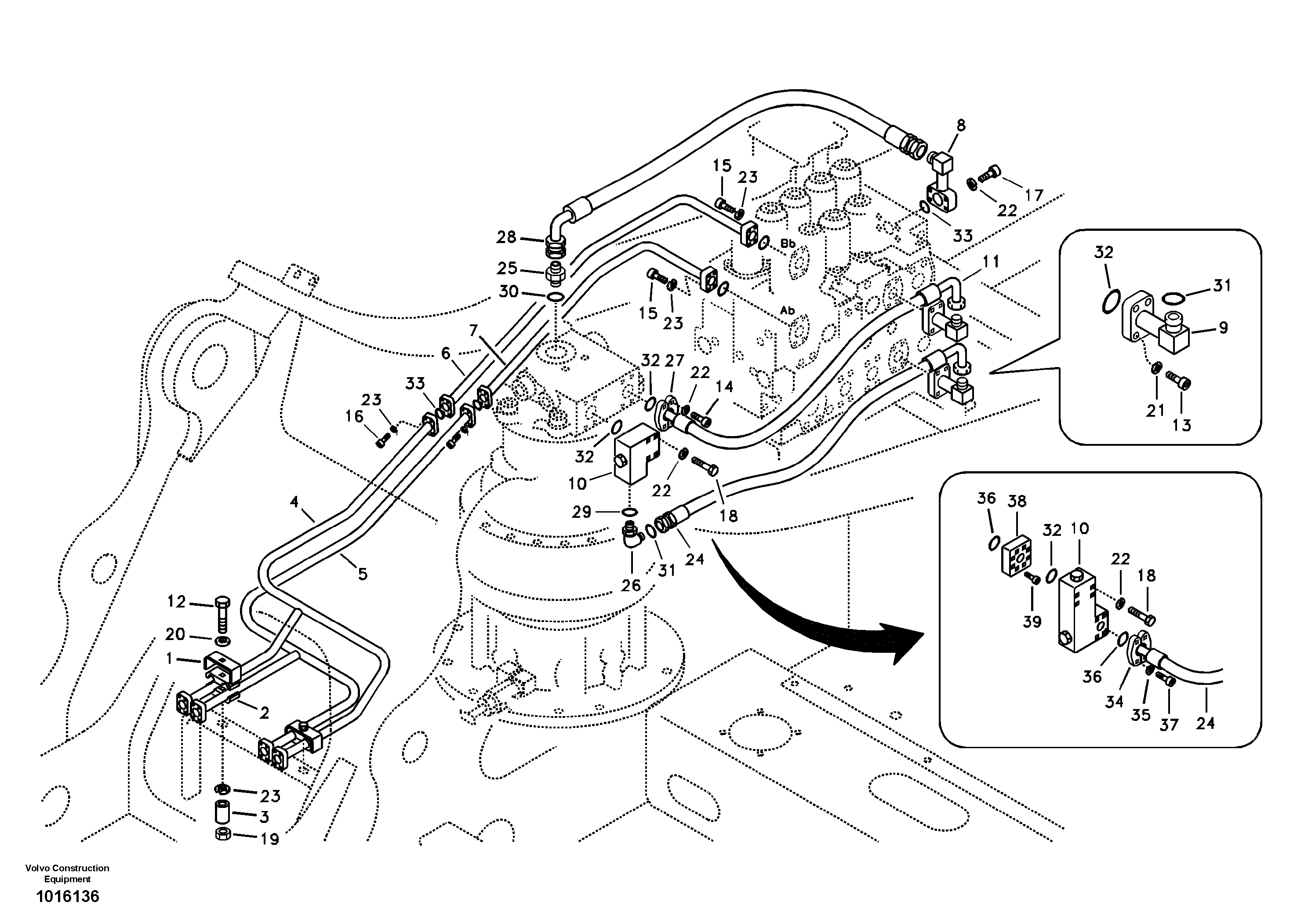 Схема запчастей Volvo EC330B - 43430 Hydraulic system, control valve to boom and swing EC330B