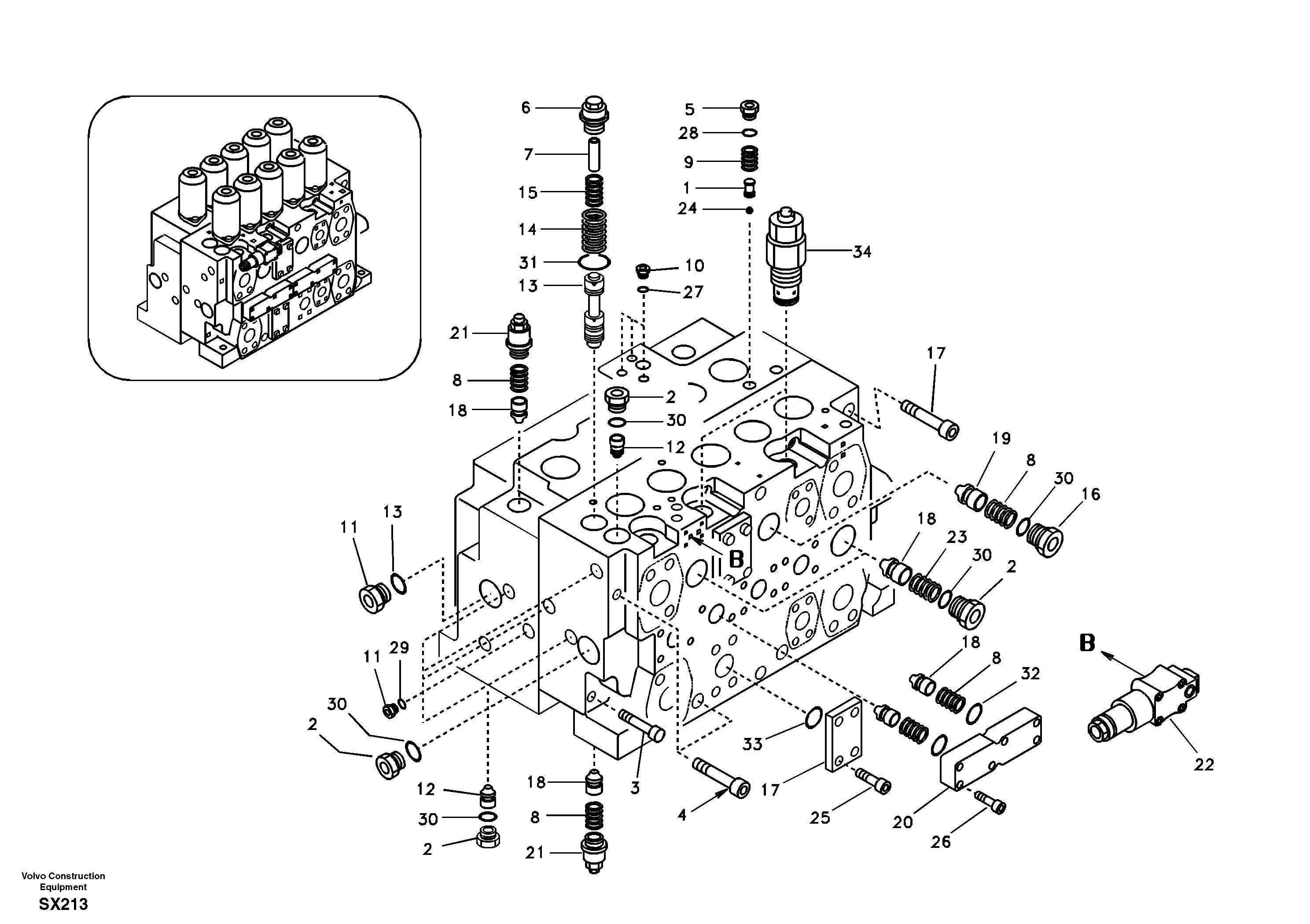 Схема запчастей Volvo EC330B - 73773 Main control valve, relief valve and dipper arm holding EC330B