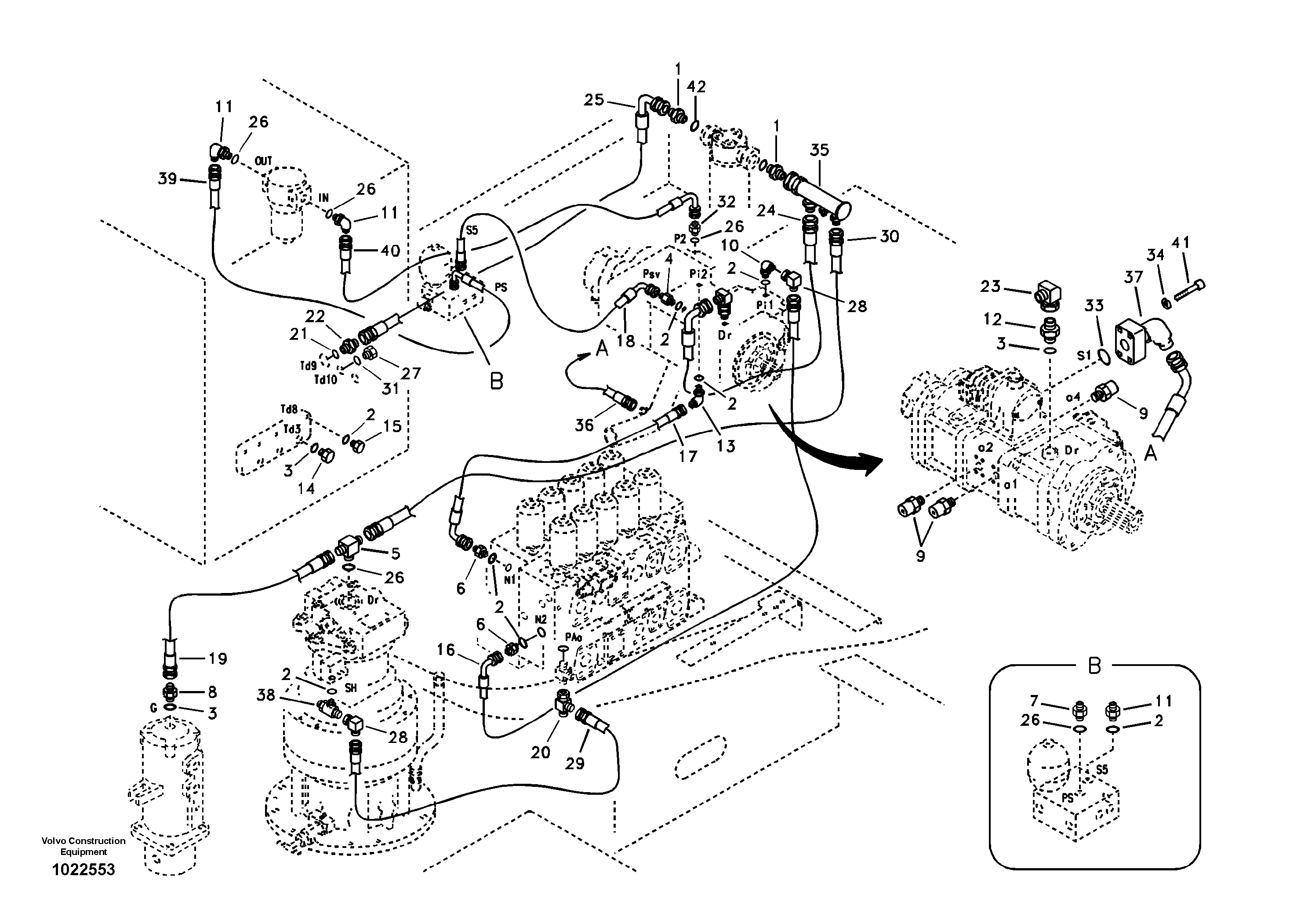 Схема запчастей Volvo EC330B - 47979 Servo system, control valve to solenoid valve EC330B