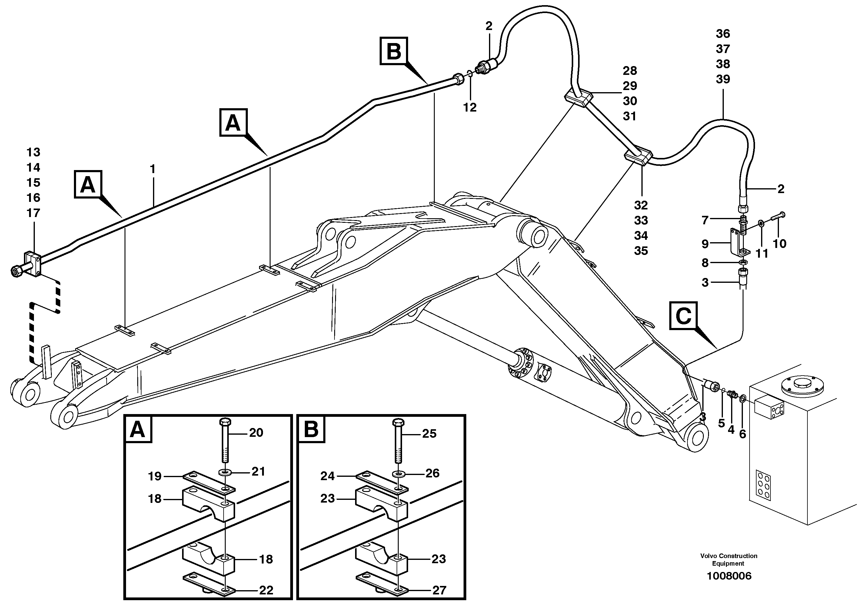 Схема запчастей Volvo EW140B - 15494 Hammer hydraulics on adjustable boom, return line EW140B