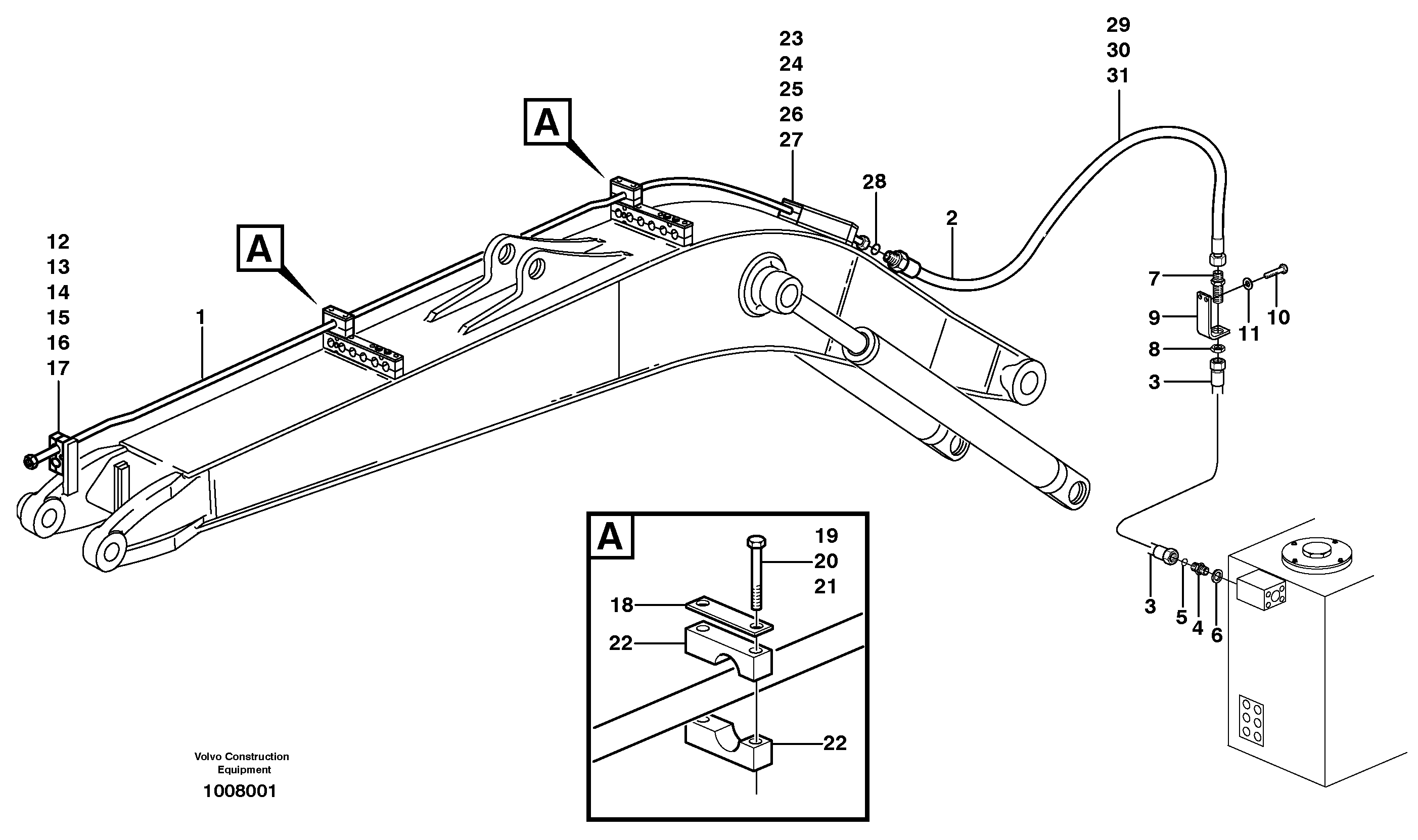 Схема запчастей Volvo EW140B - 16835 Hammer hydraulics on mono boom, return line EW140B