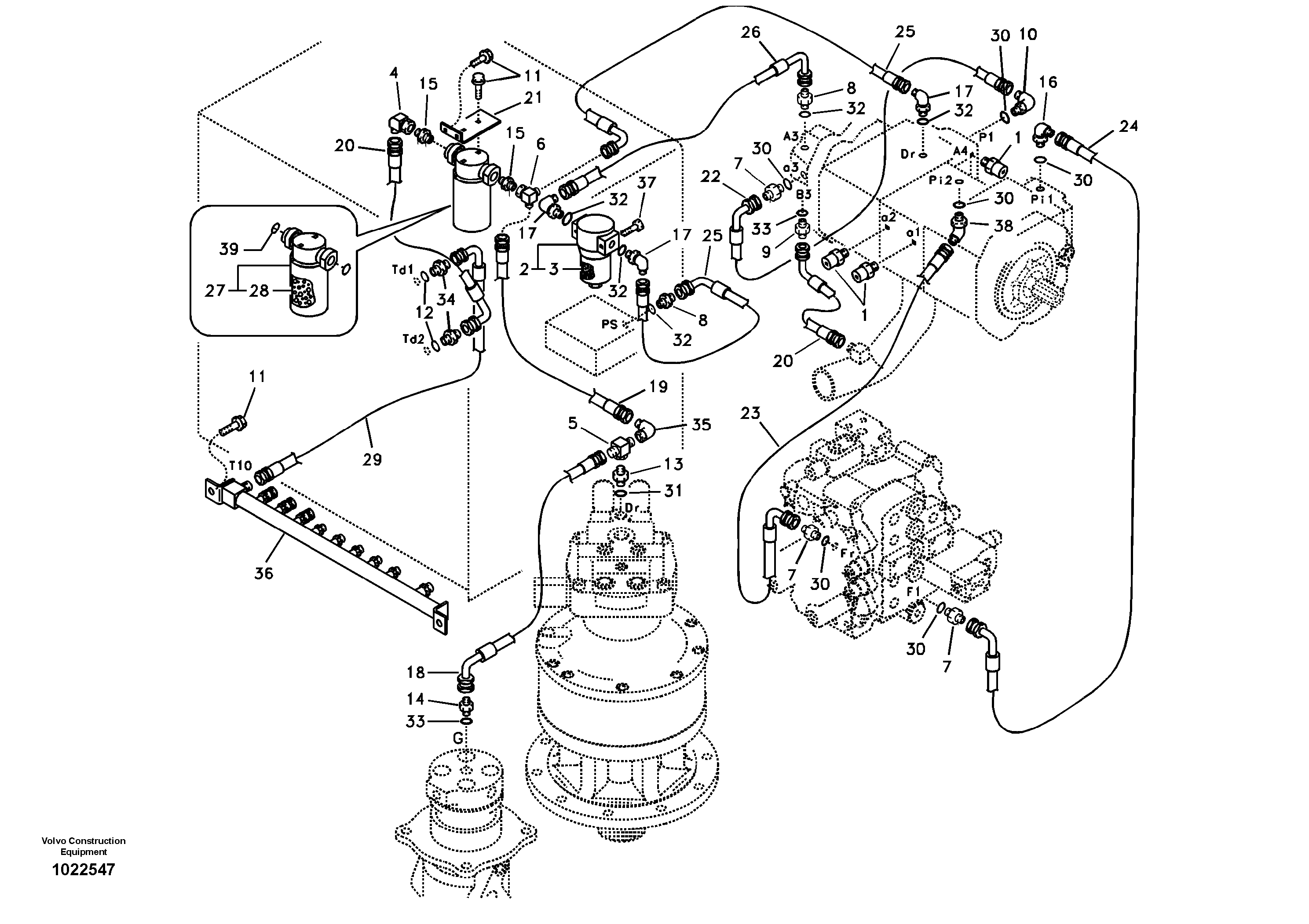 Схема запчастей Volvo EC180B - 23083 Servo system, pump piping and filter mount EC180B