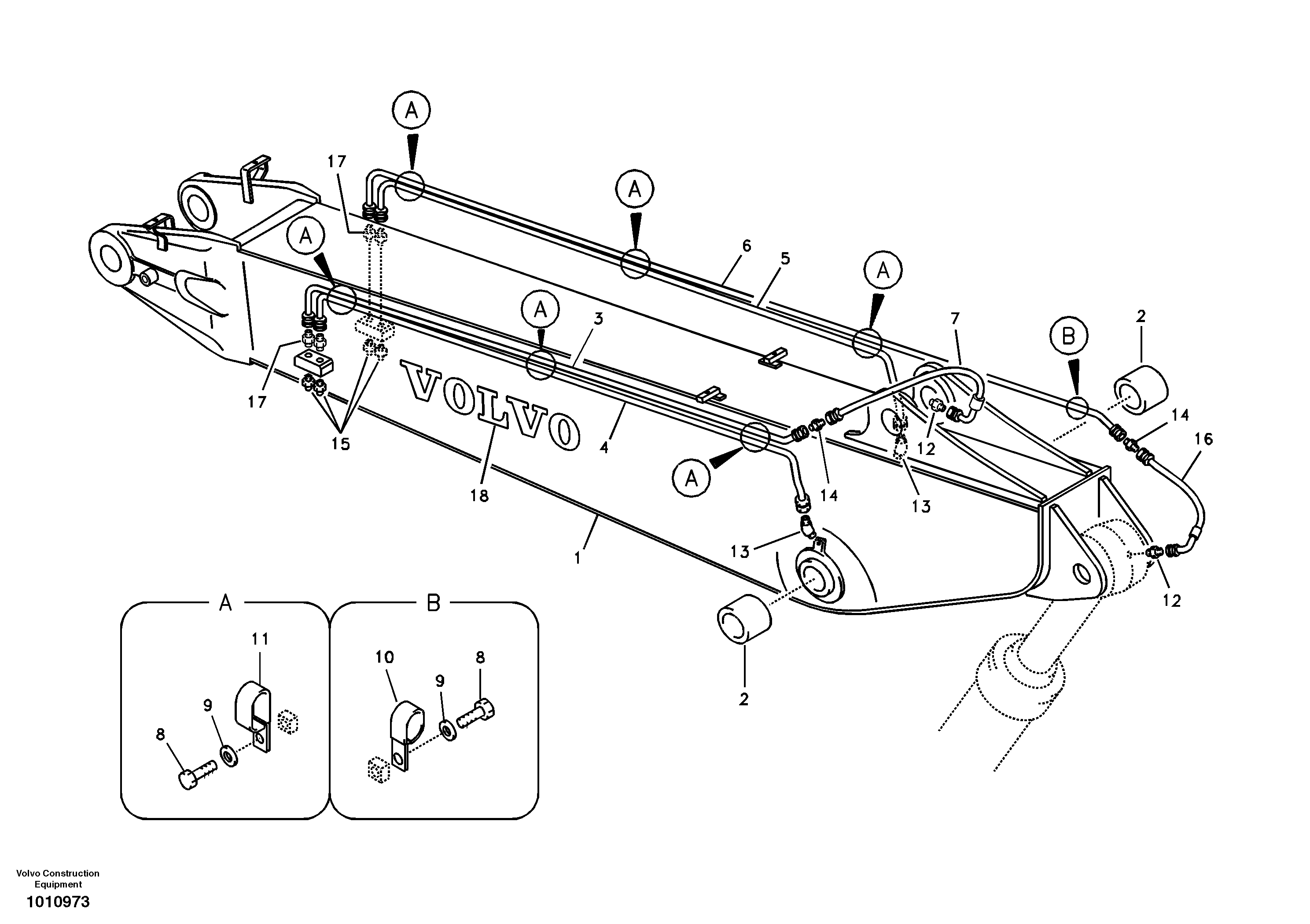 Схема запчастей Volvo EC180B - 57528 Boom and grease piping, adjustable 2nd EC180B