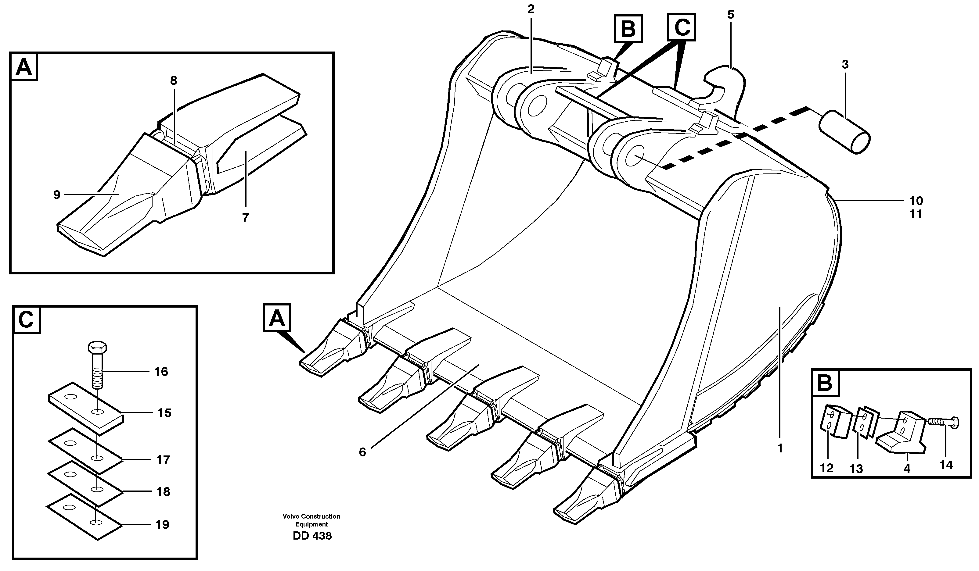 Схема запчастей Volvo EC130C - 34048 Buckets for Quickfit. S1 - S2 Esco Super V ATTACHMENTS ATTACHMENTS BUCKETS