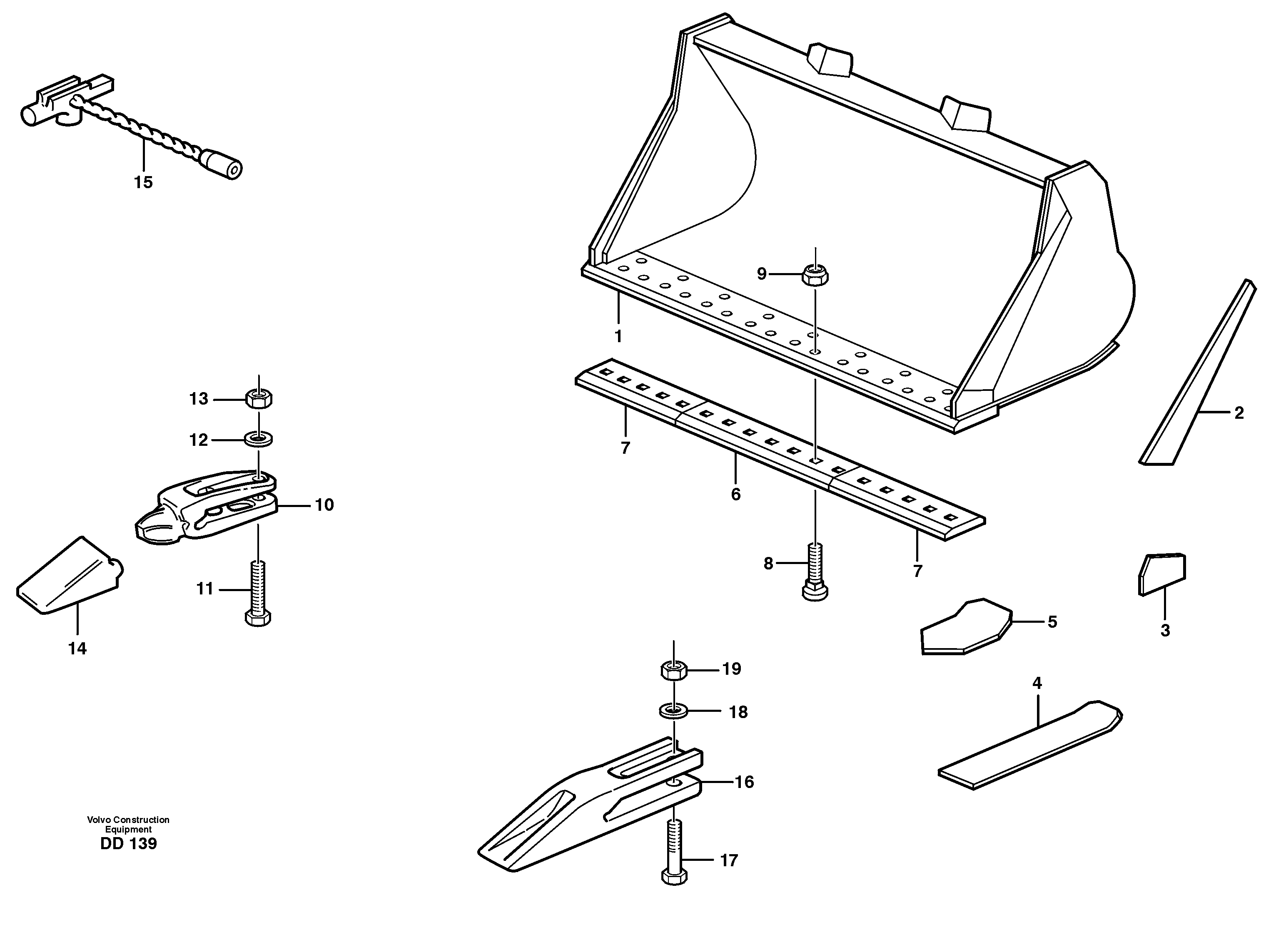 Схема запчастей Volvo EC200 - 18446 Bucket, straight lip, alt. edge savers or teeth ATTACHMENTS ATTACHMENTS BUCKETS