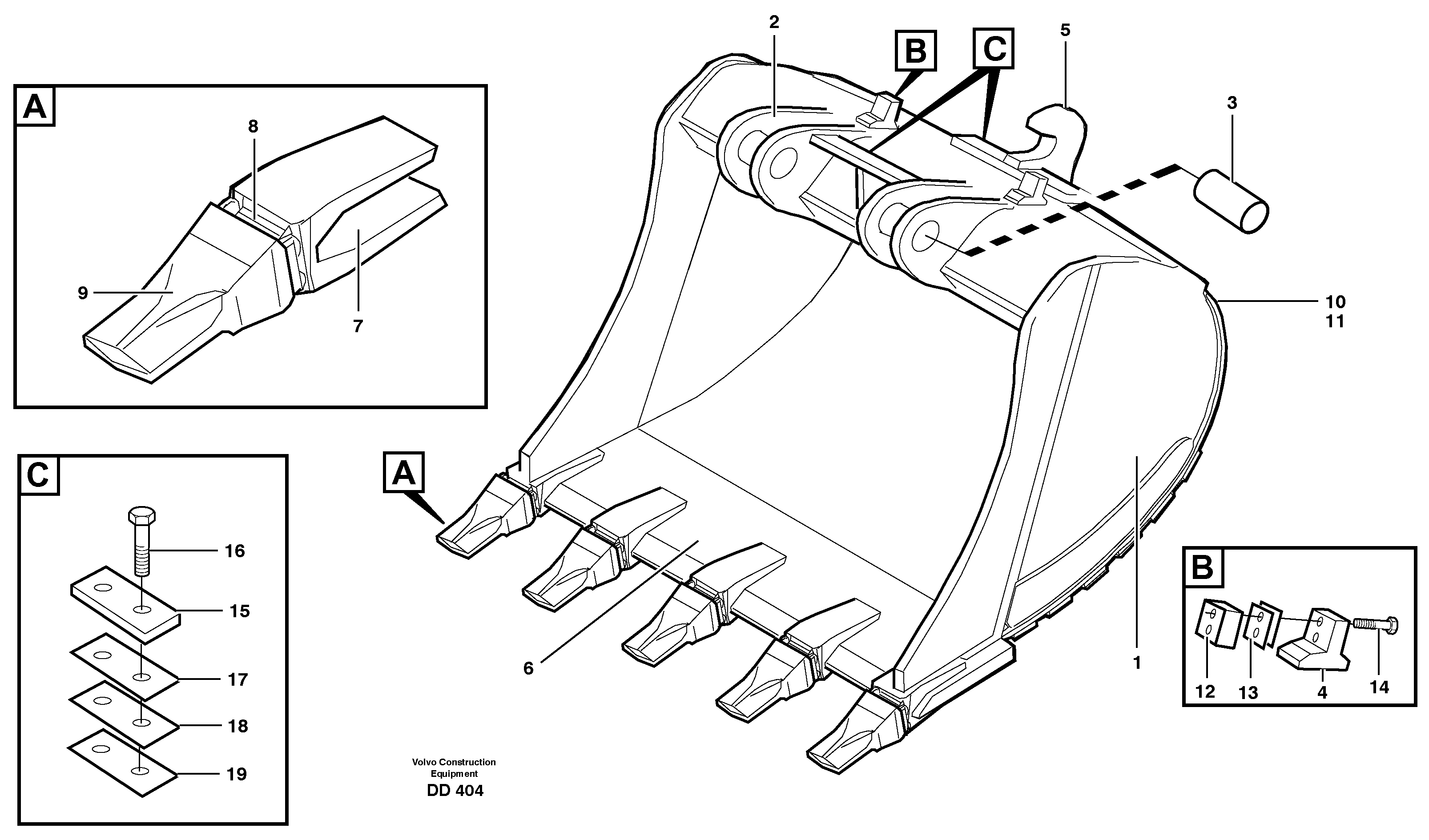 Схема запчастей Volvo EW150C - 35401 Buckets for Quickfit, S3 Esco Super V ATTACHMENTS ATTACHMENTS BUCKETS