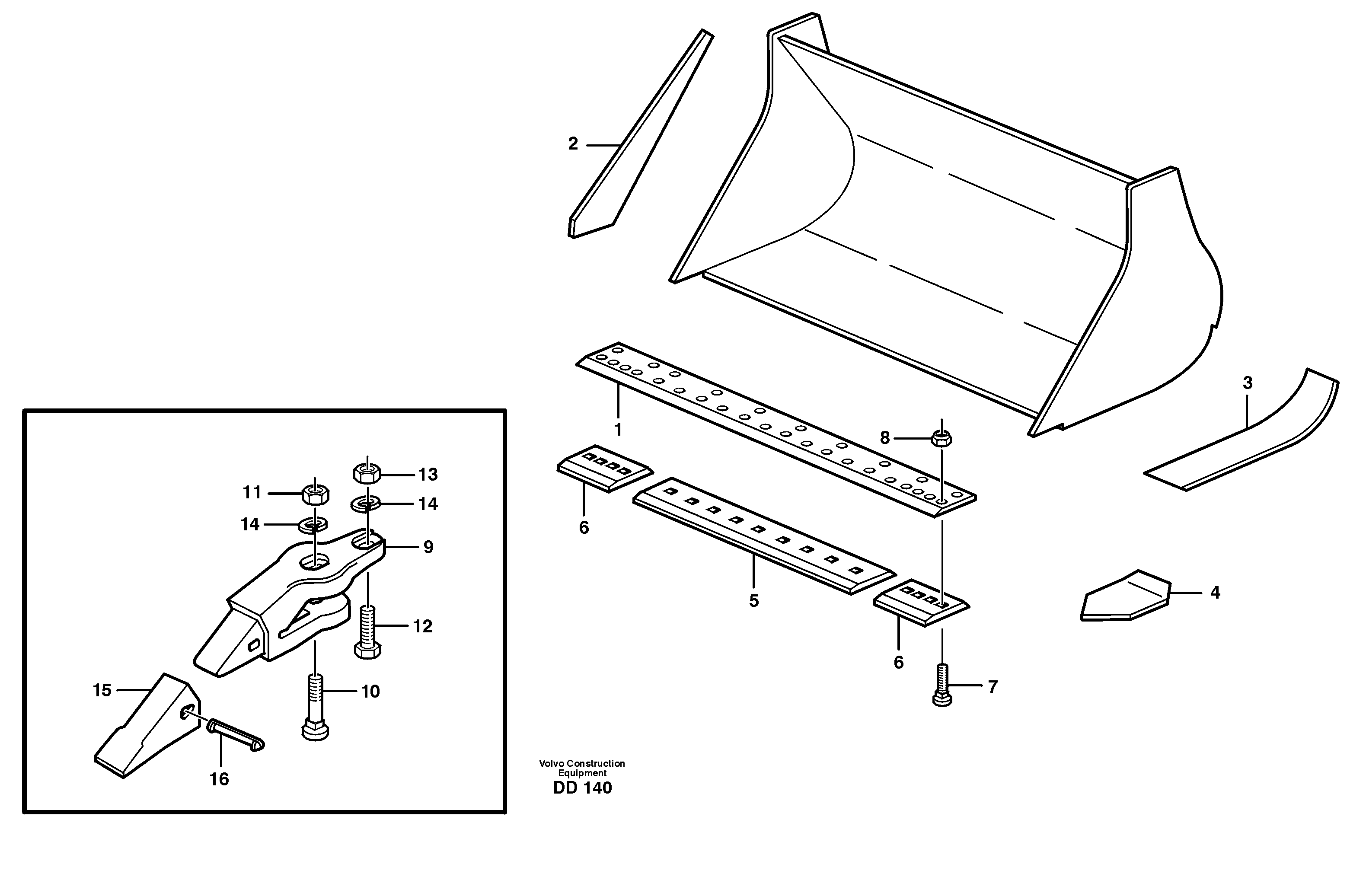 Схема запчастей Volvo EW150C - 53475 Bucket, straight lip, alt. edge savers or teeth ATTACHMENTS ATTACHMENTS BUCKETS
