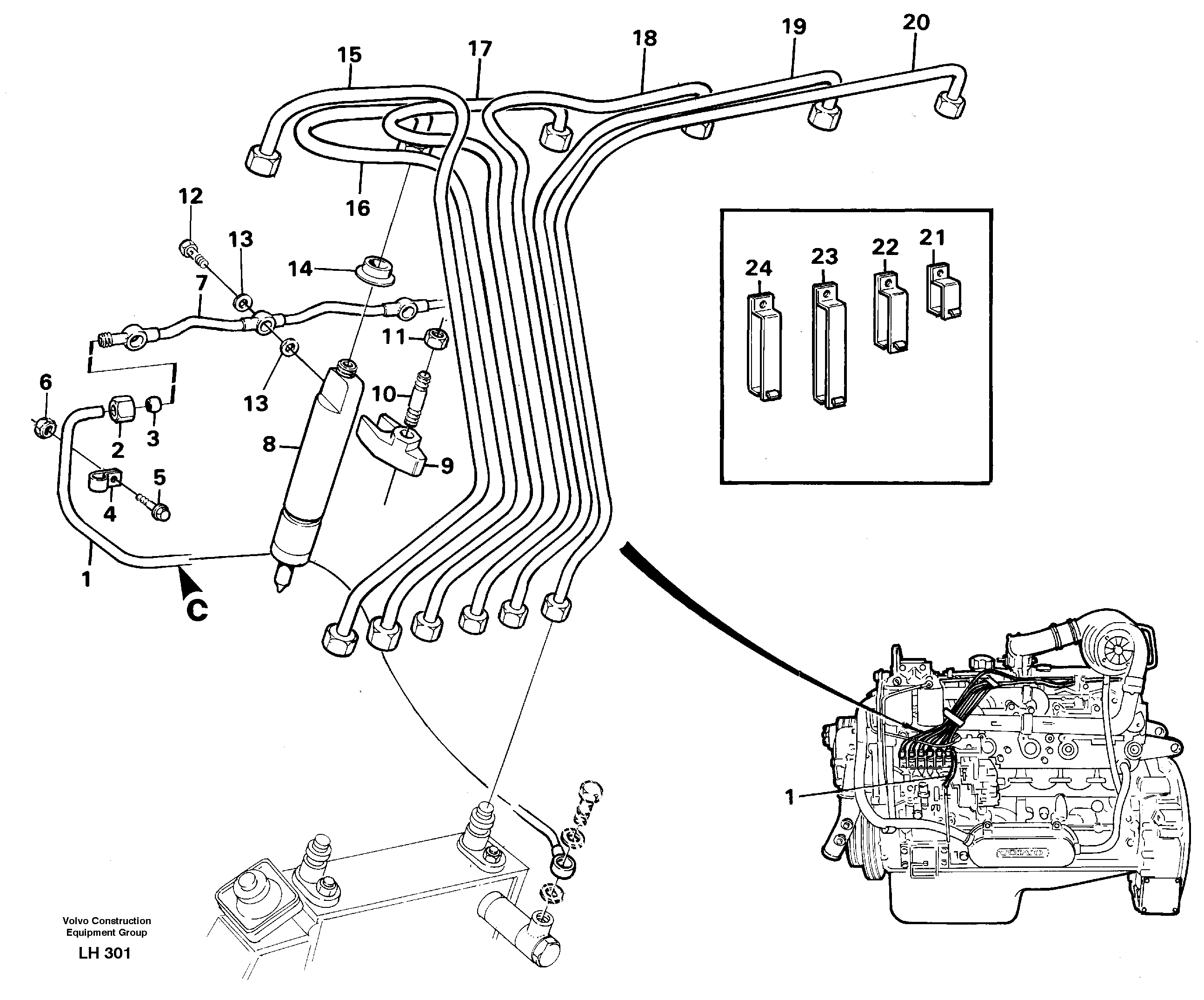 Схема запчастей Volvo EW230B - 19836 Fuel lines, injectors EW230B SER NO 1736-