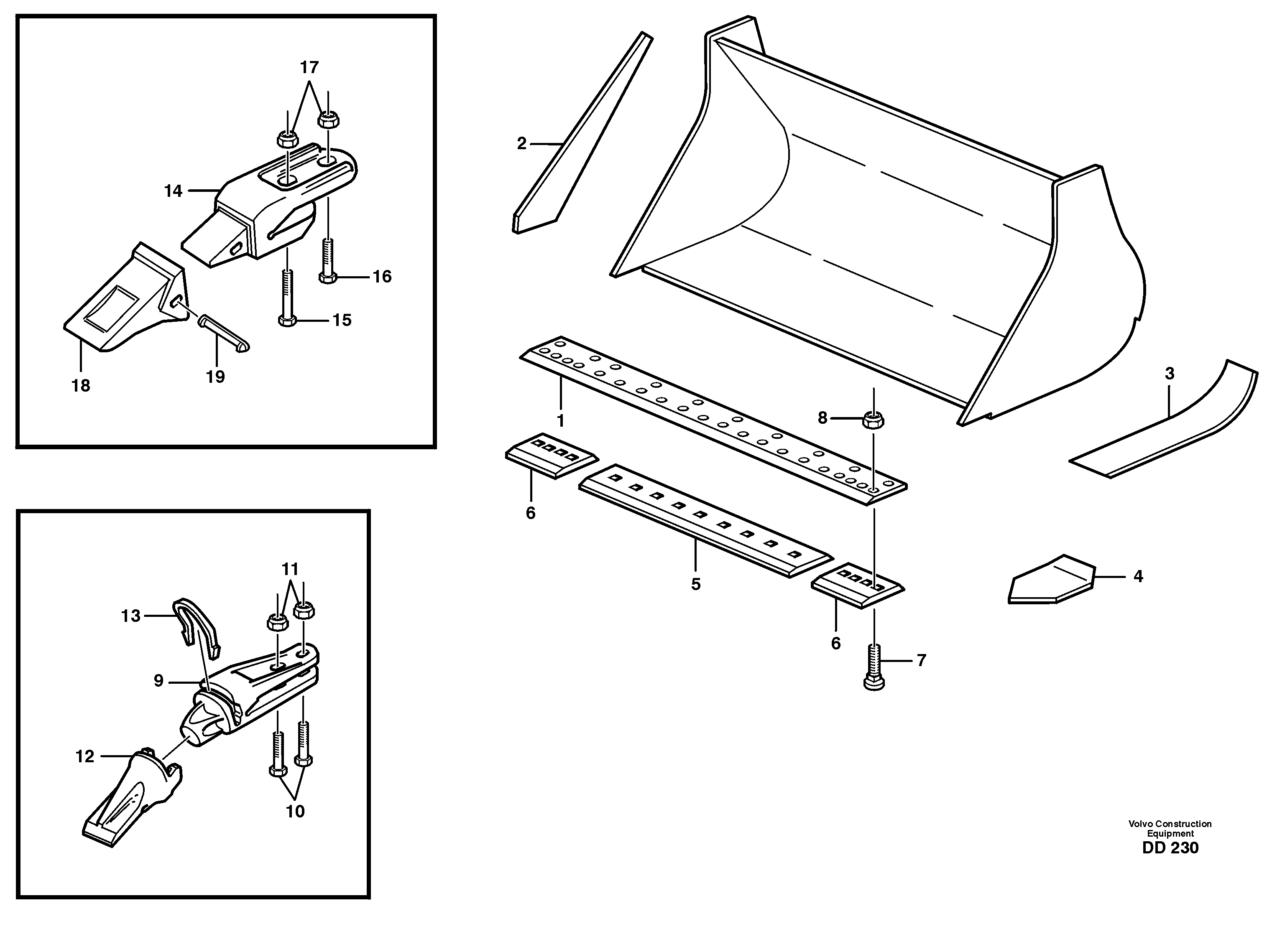 Схема запчастей Volvo EC620 - 60944 Bucket, straight lip, alt. edge savers or teeth ATTACHMENTS ATTACHMENTS BUCKETS