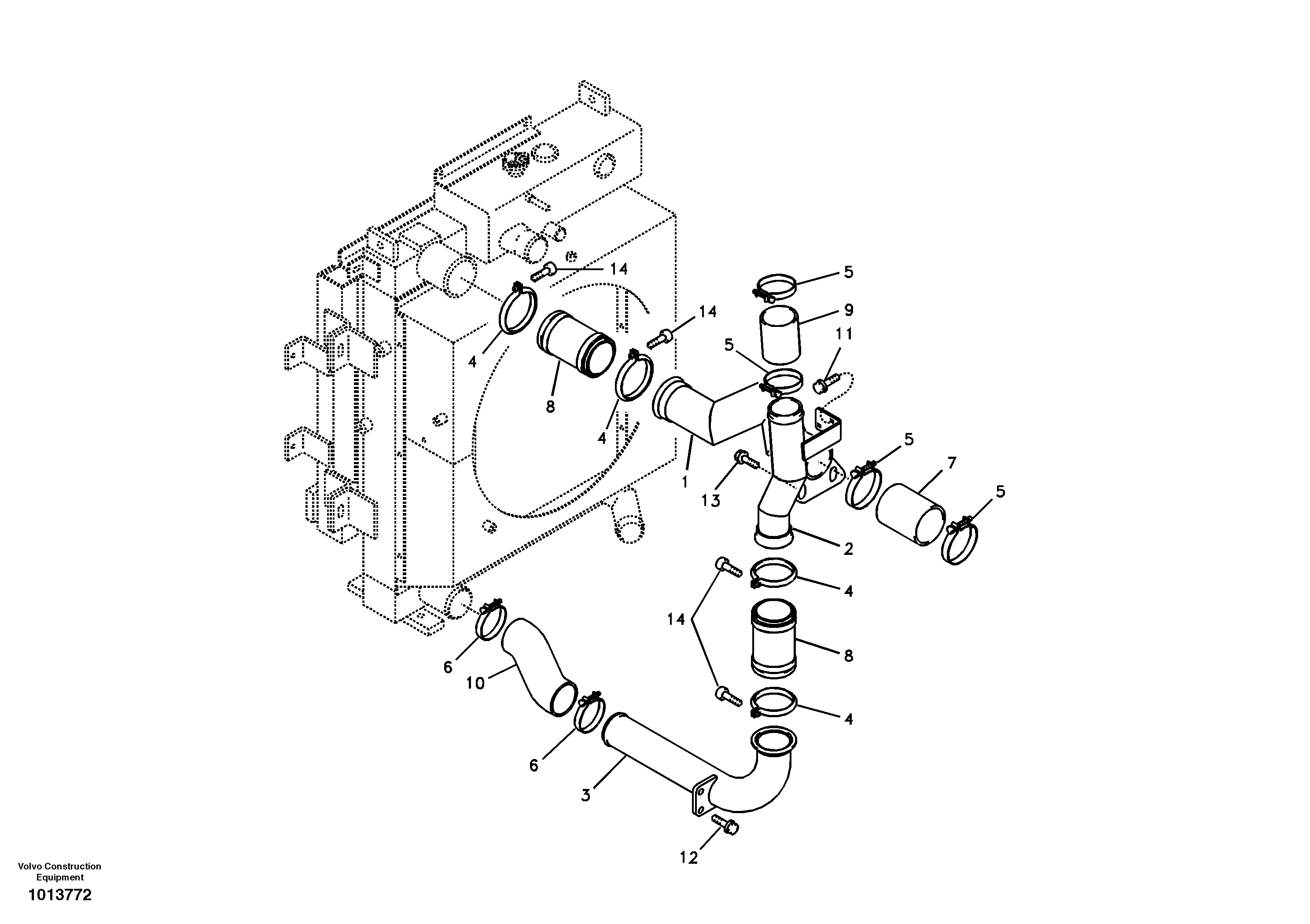 Схема запчастей Volvo EW145B - 59124 Charge air cooler, plumbing EW145B