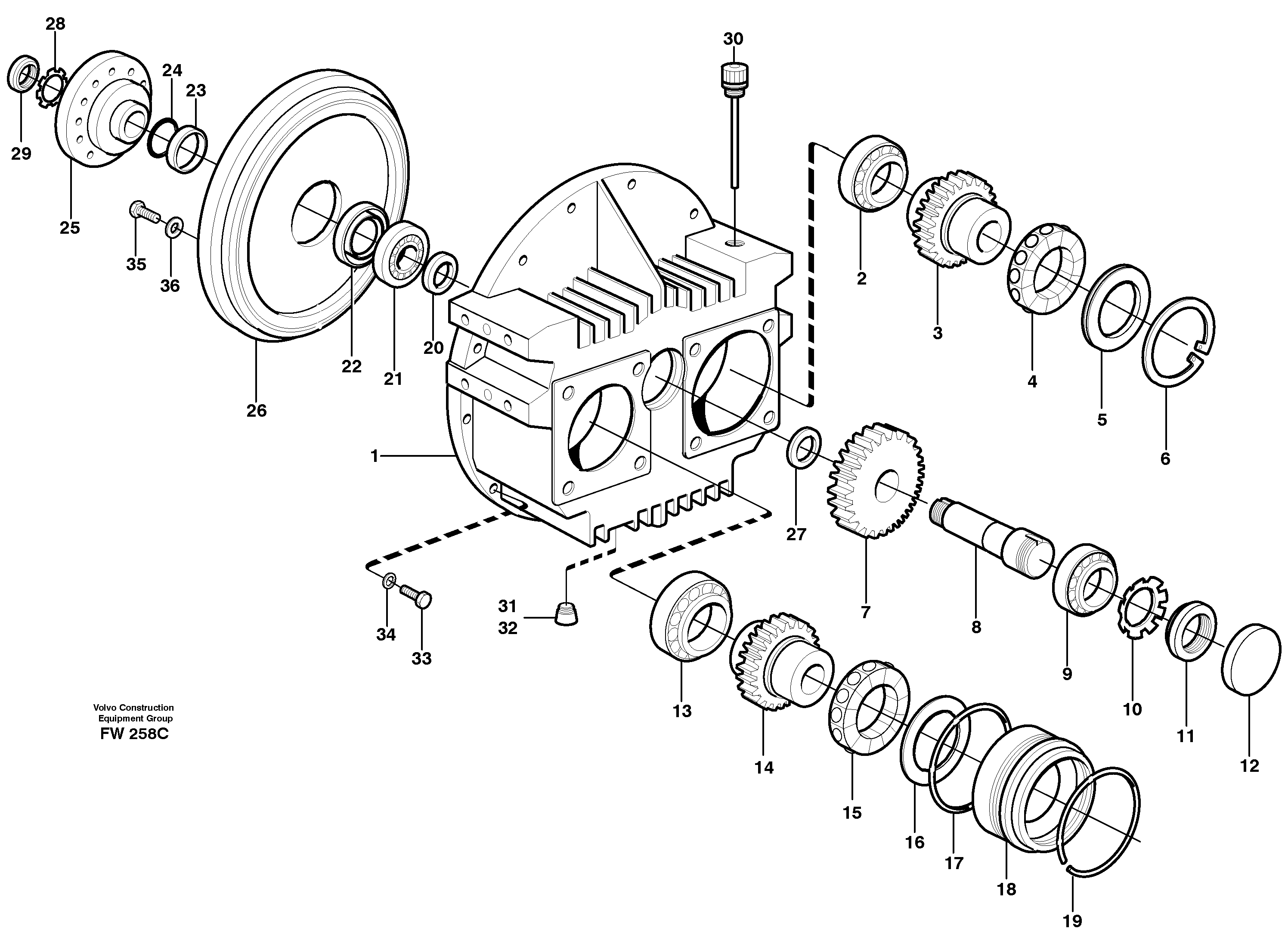 Схема запчастей Volvo EC280 - 41641 Pump gear box with assemblying parts EC280 SER NO 1001-