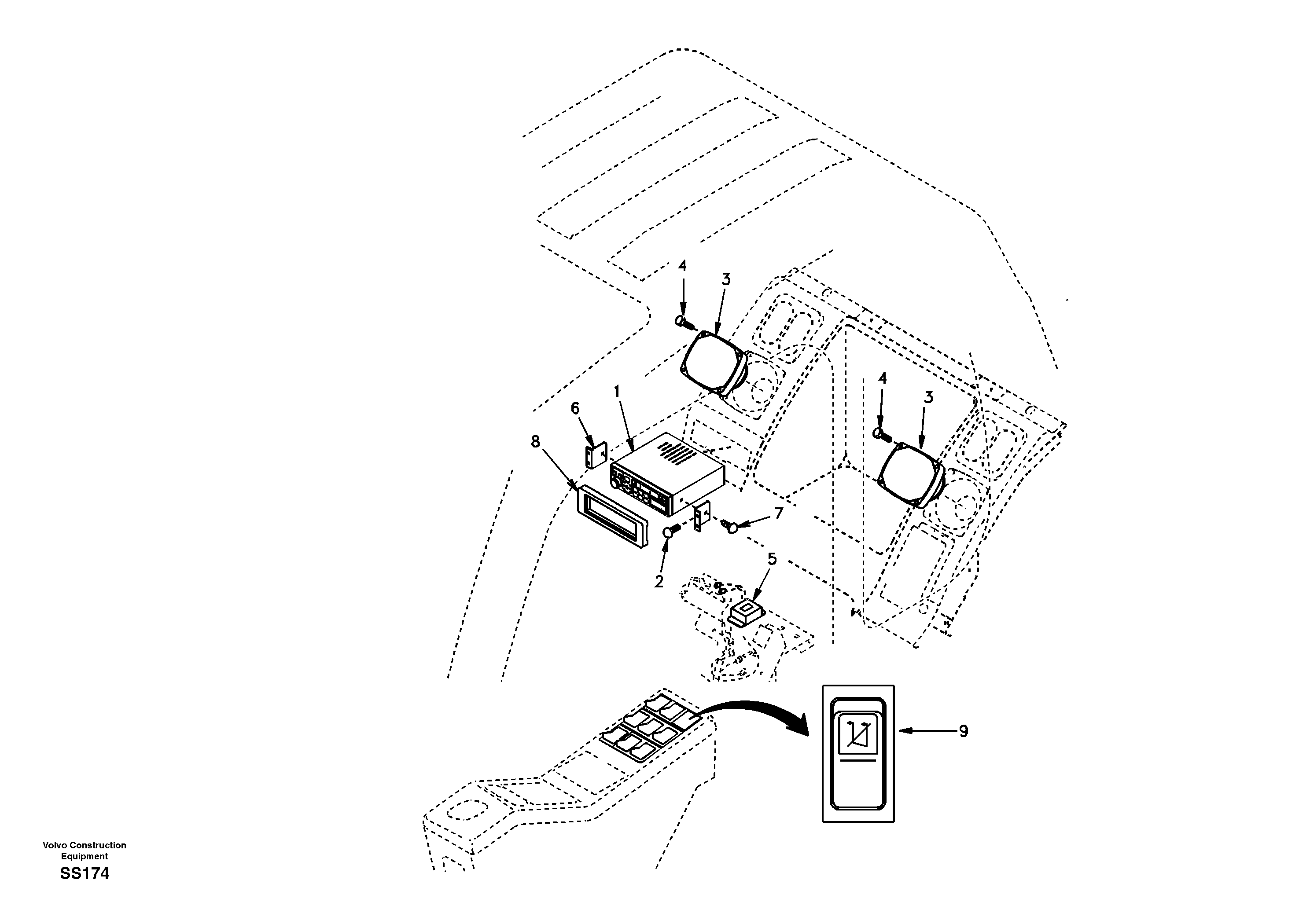 Схема запчастей Volvo EW130 - 18303 Cassette radio recorder with mounting details EW130