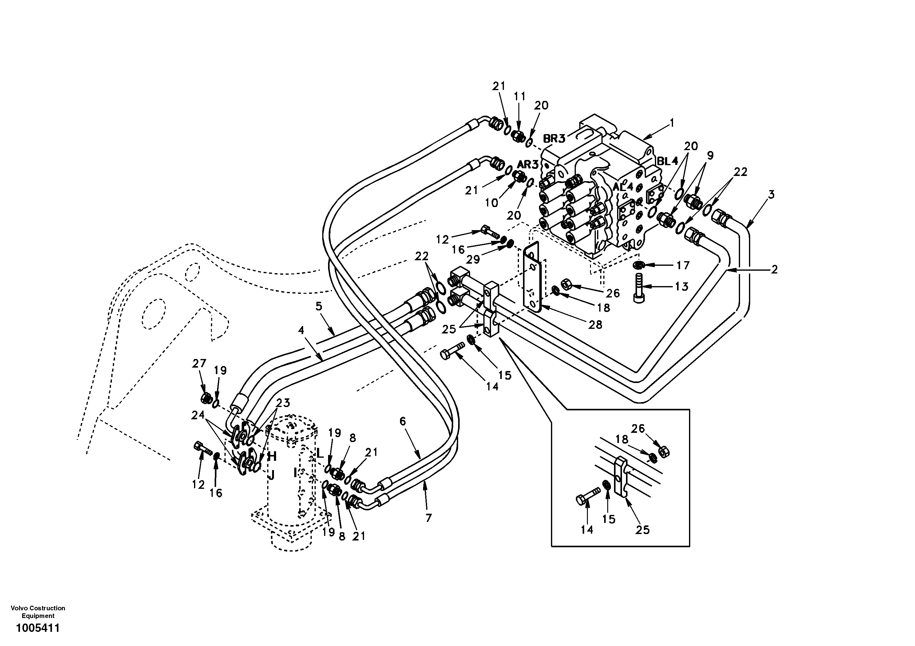 Схема запчастей Volvo EW130 - 94294 Turning joint line, control valve to turning joint EW130