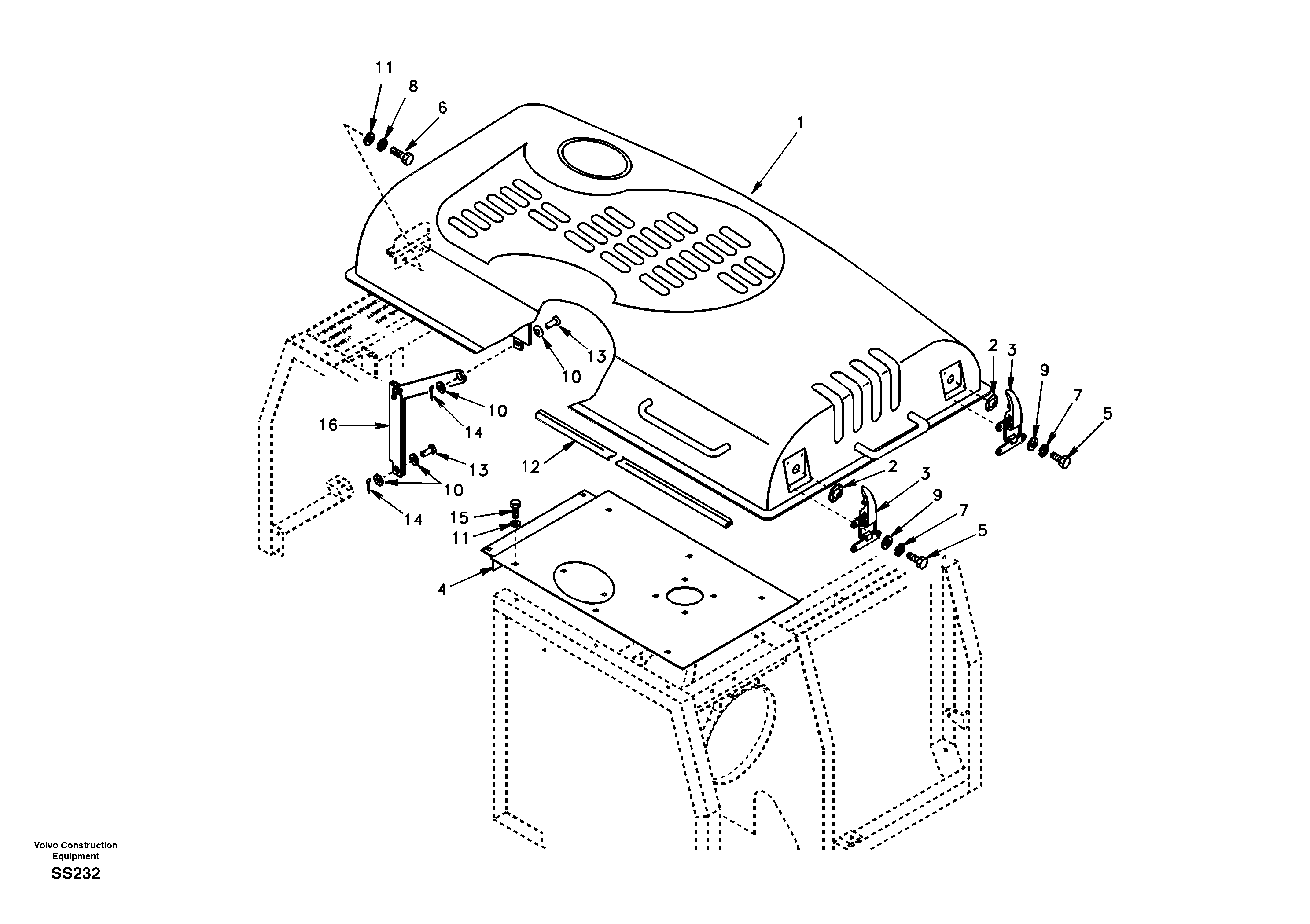 Схема запчастей Volvo EW130 - 8744 Cowl frame, cover and hood EW130