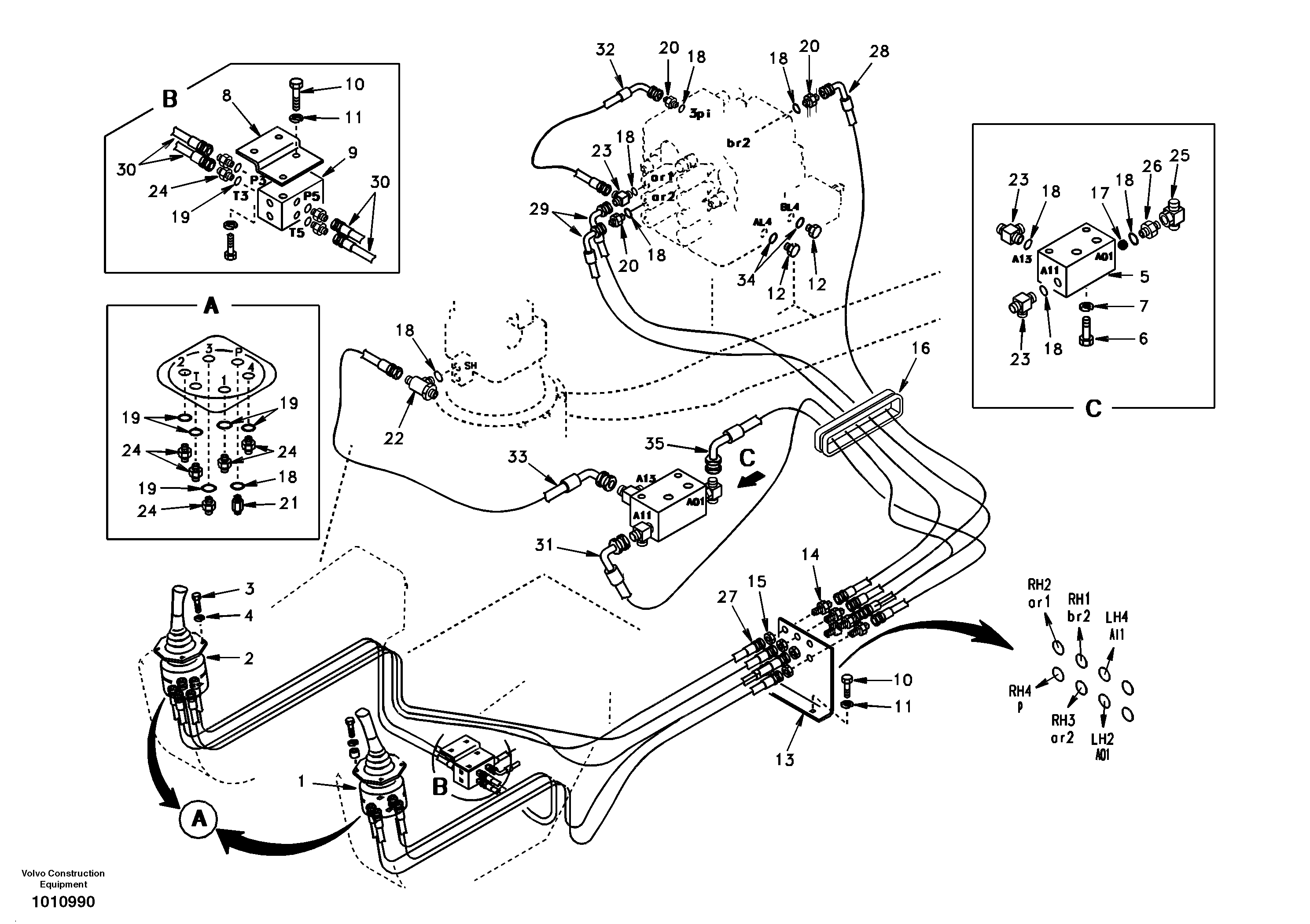 Схема запчастей Volvo EW130 - 45250 Servo system, control valve to remote control valve EW130