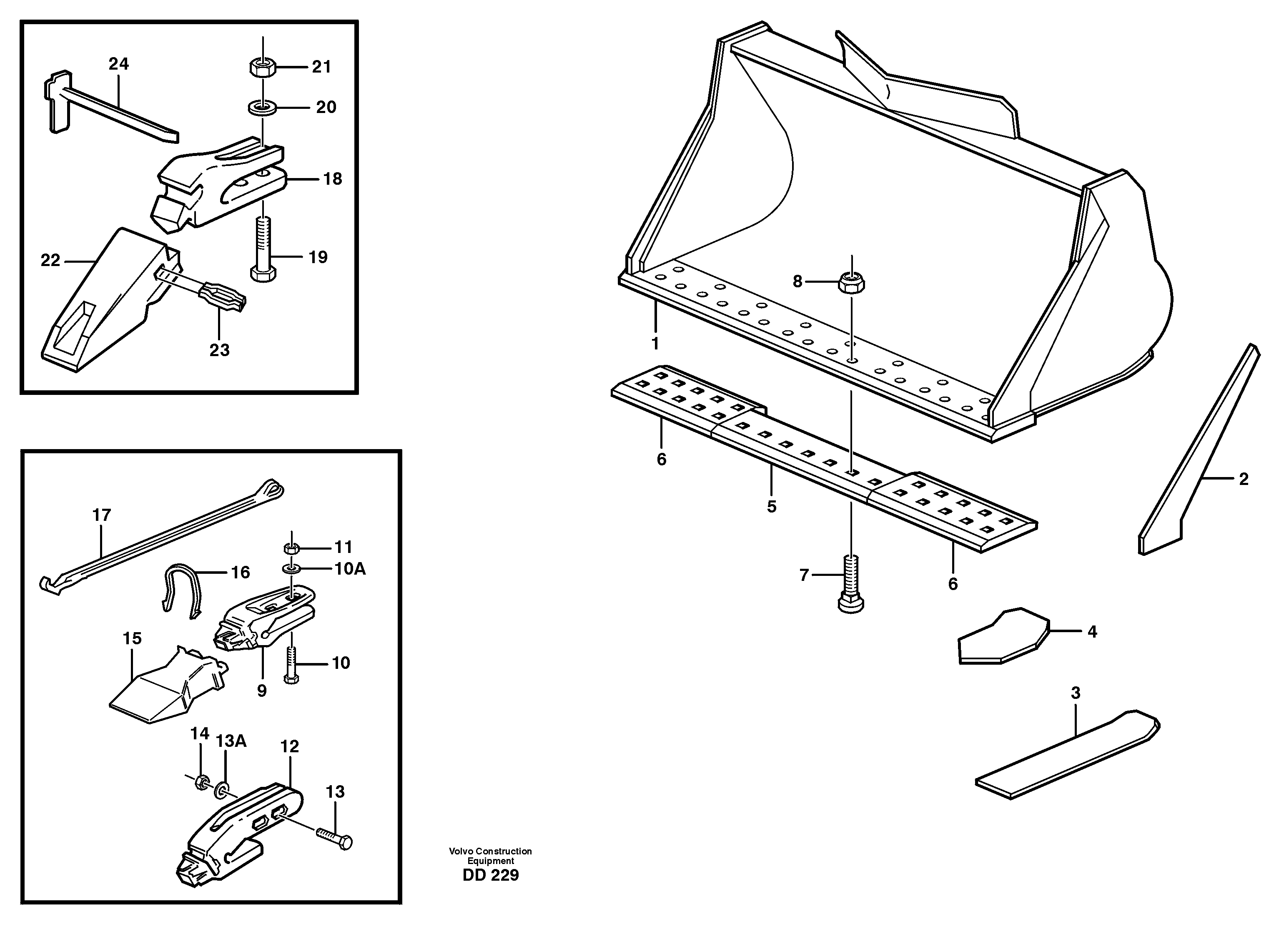 Схема запчастей Volvo EW130 - 16361 Bucket, straight lip, alt. edge savers or teeth ATTACHMENTS ATTACHMENTS BUCKETS