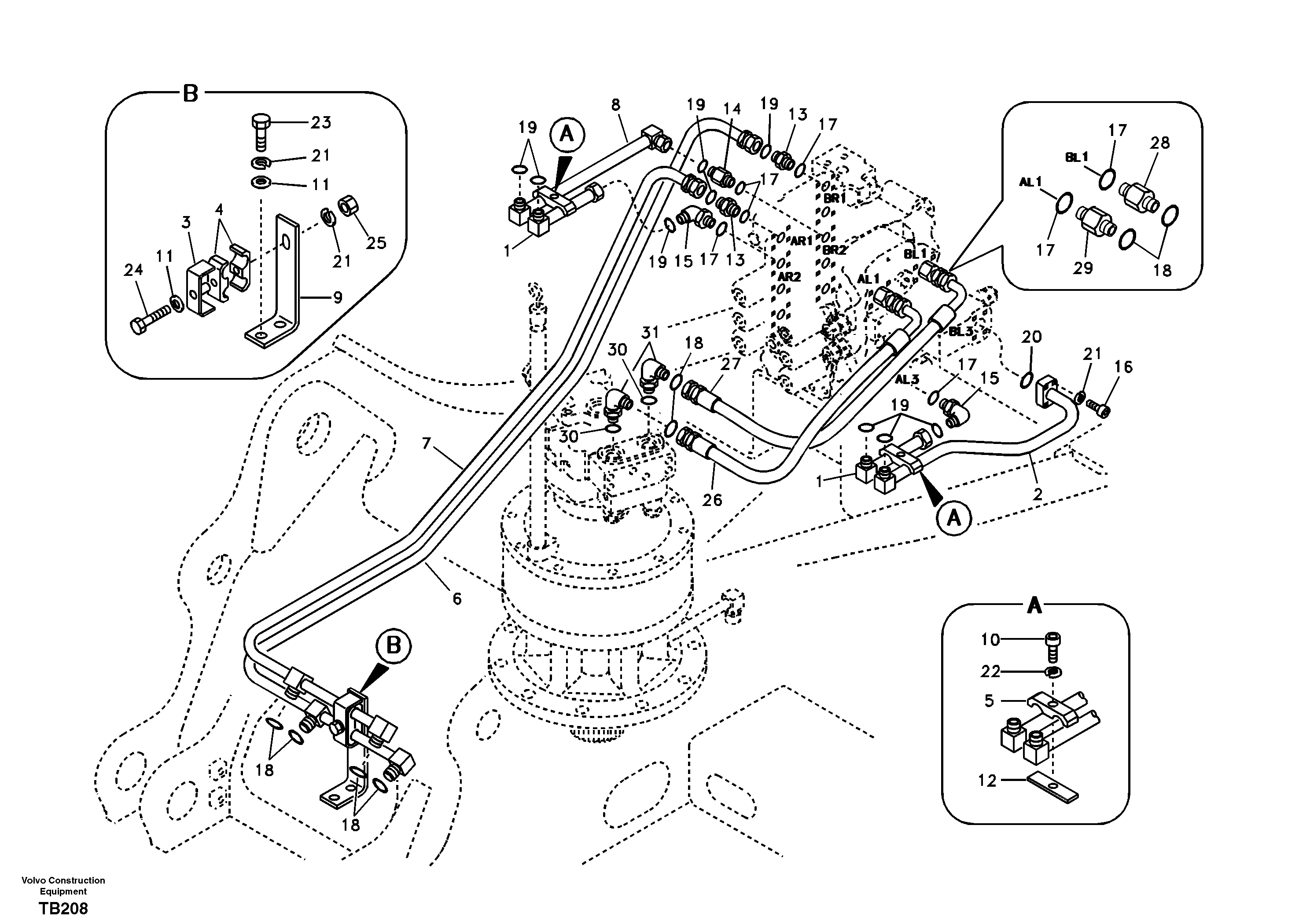 Схема запчастей Volvo EC140B - 41942 Hydraulic system, control valve to boom and swing EC140B