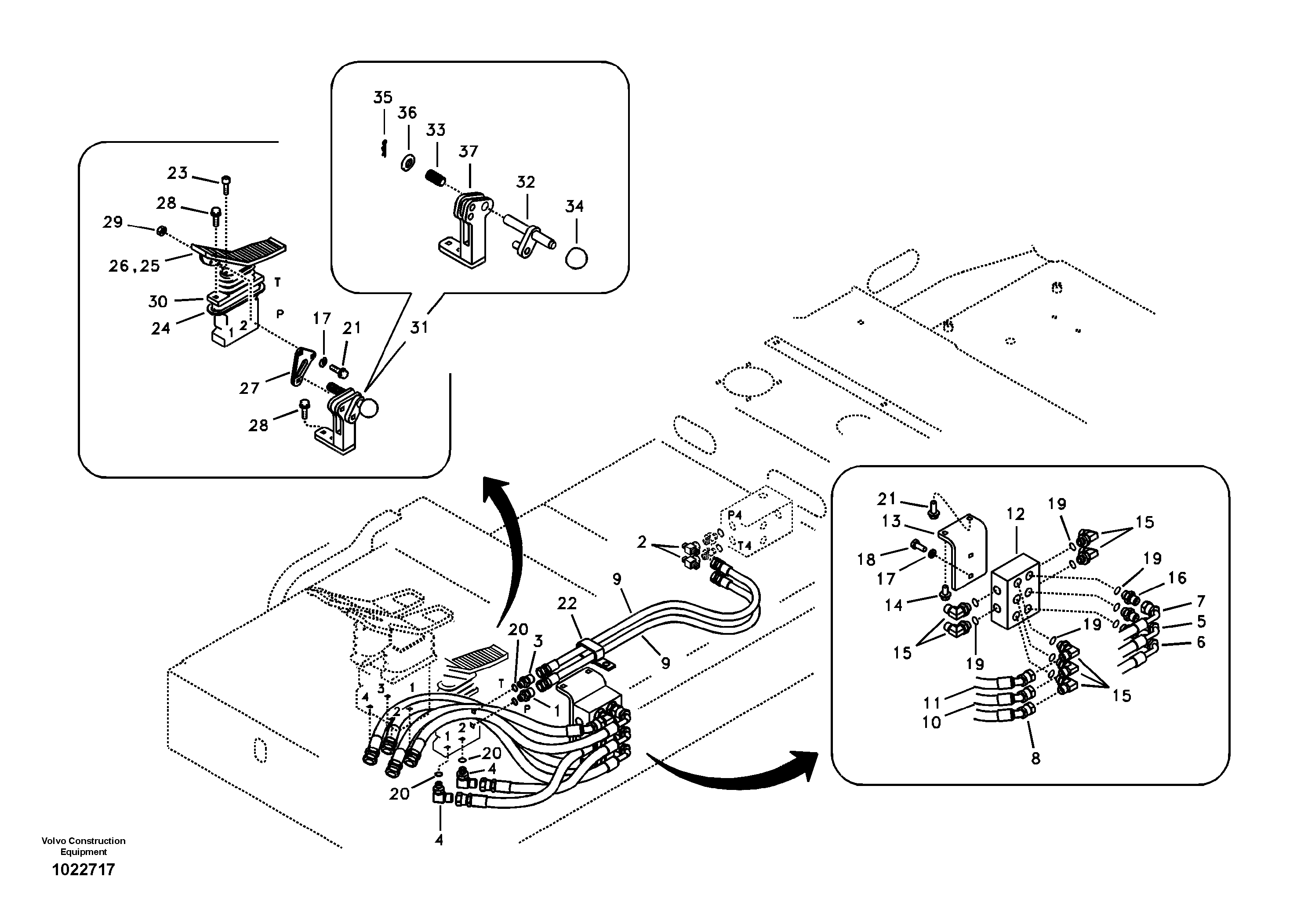 Схема запчастей Volvo EC140B - 87476 Servo system, control valve to remote control valve pedal EC140B