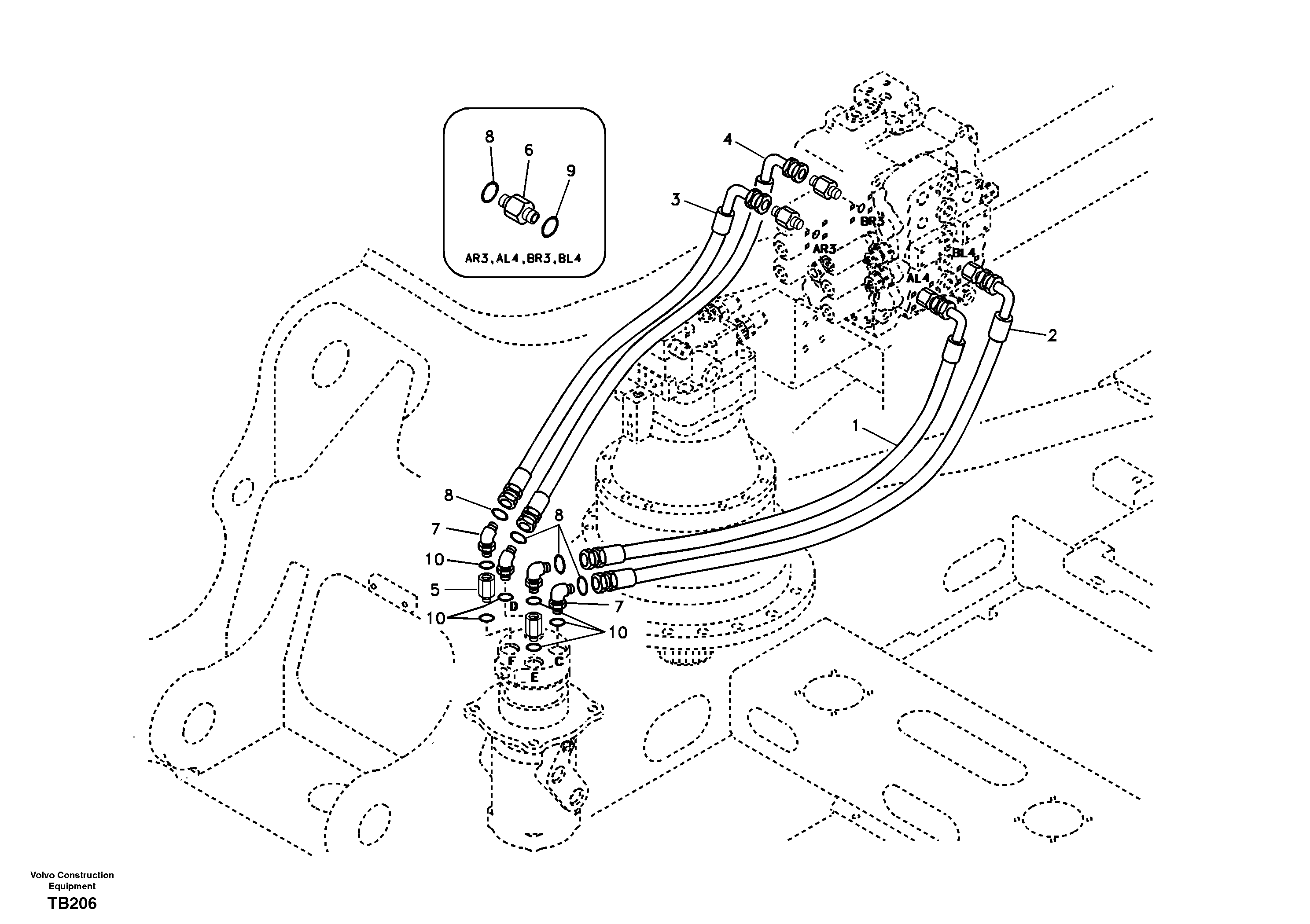 Схема запчастей Volvo EC140B - 91232 Turning joint line, control valve to turning joint EC140B PRIME S/N 15001-
