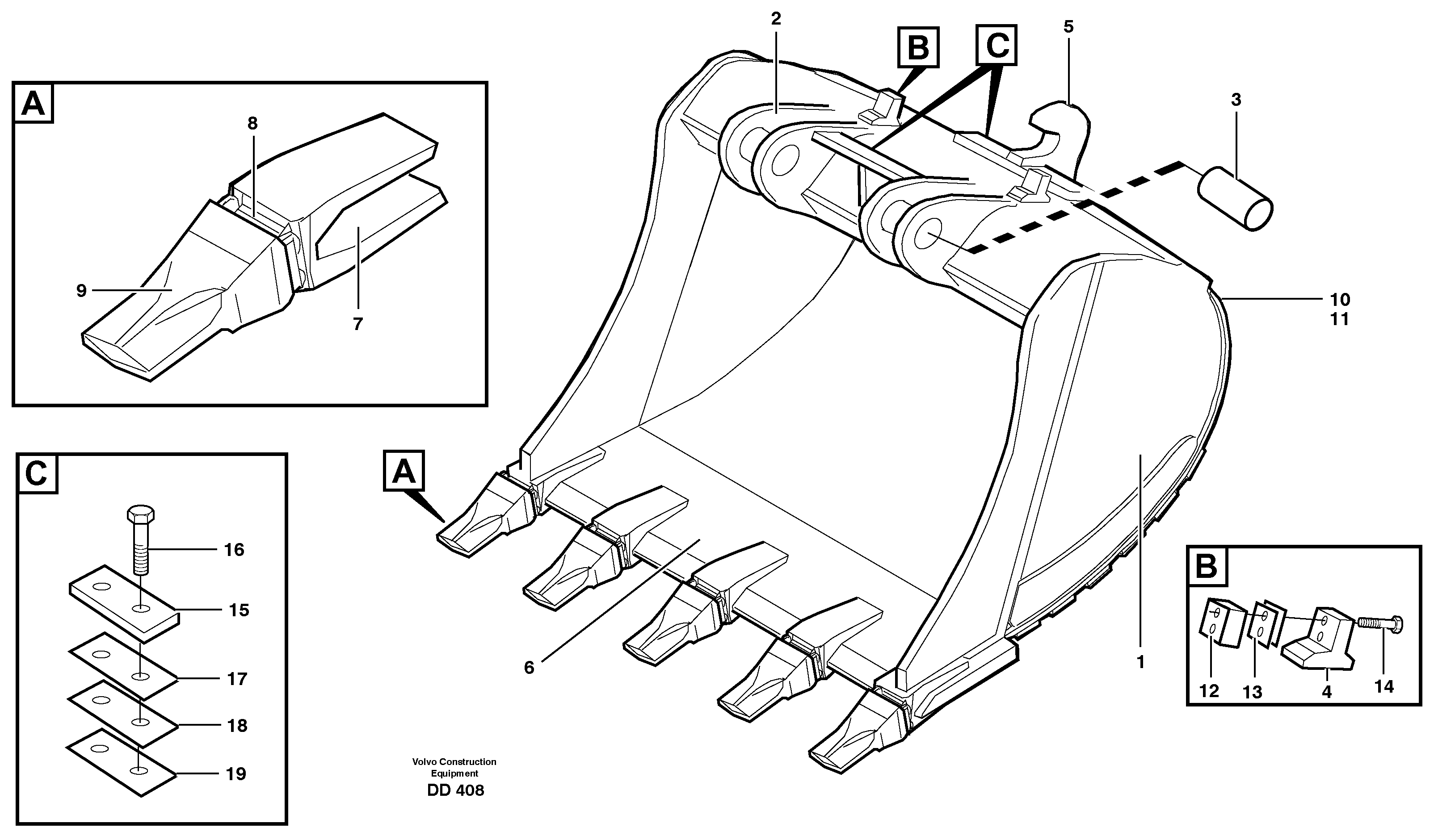 Схема запчастей Volvo EC150 - 31525 Buckets for Quickfit, S3 Esco Super V ATTACHMENTS ATTACHMENTS BUCKETS