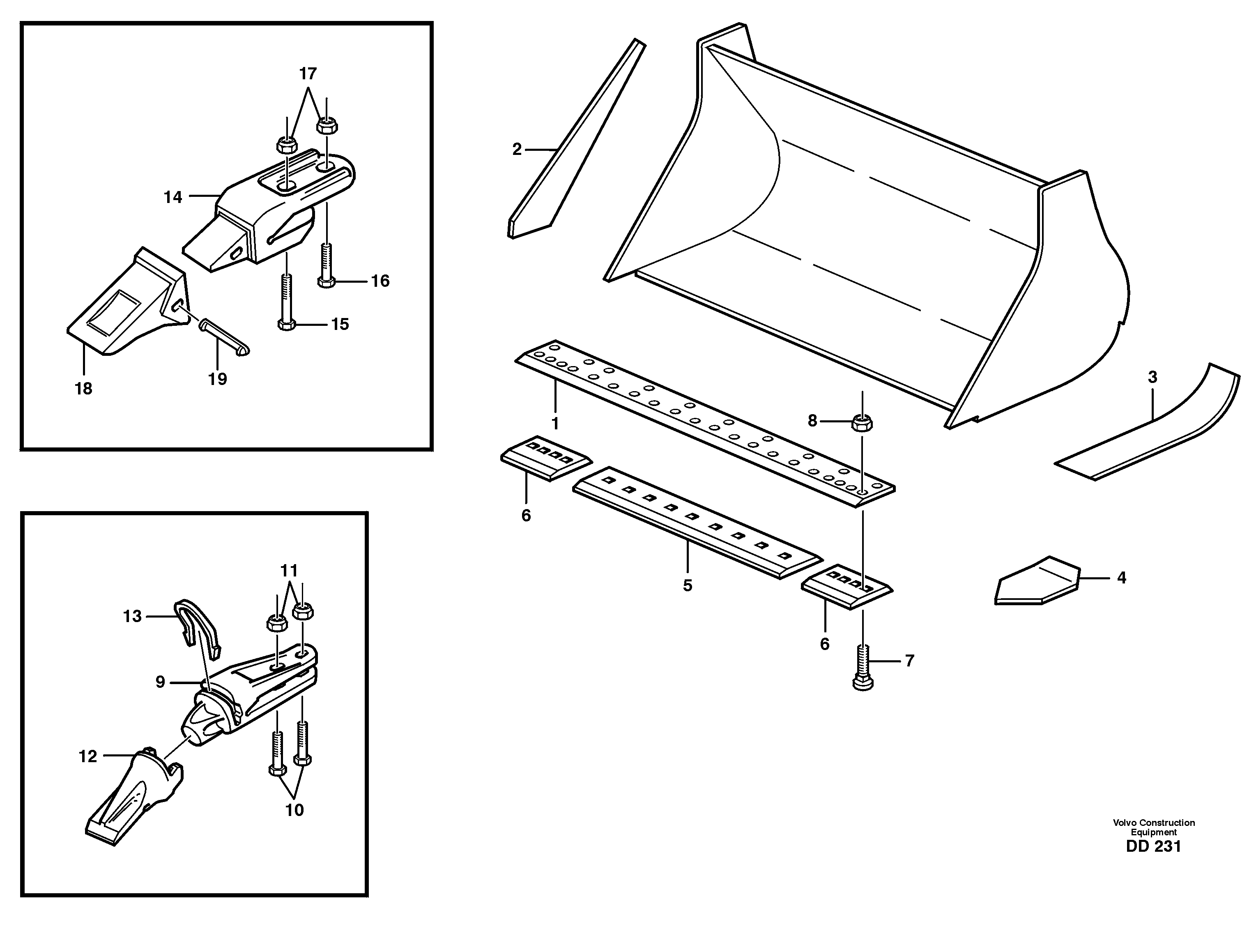 Схема запчастей Volvo EC150 - 16384 Bucket, straight lip, alt. edge savers or teeth ATTACHMENTS ATTACHMENTS BUCKETS