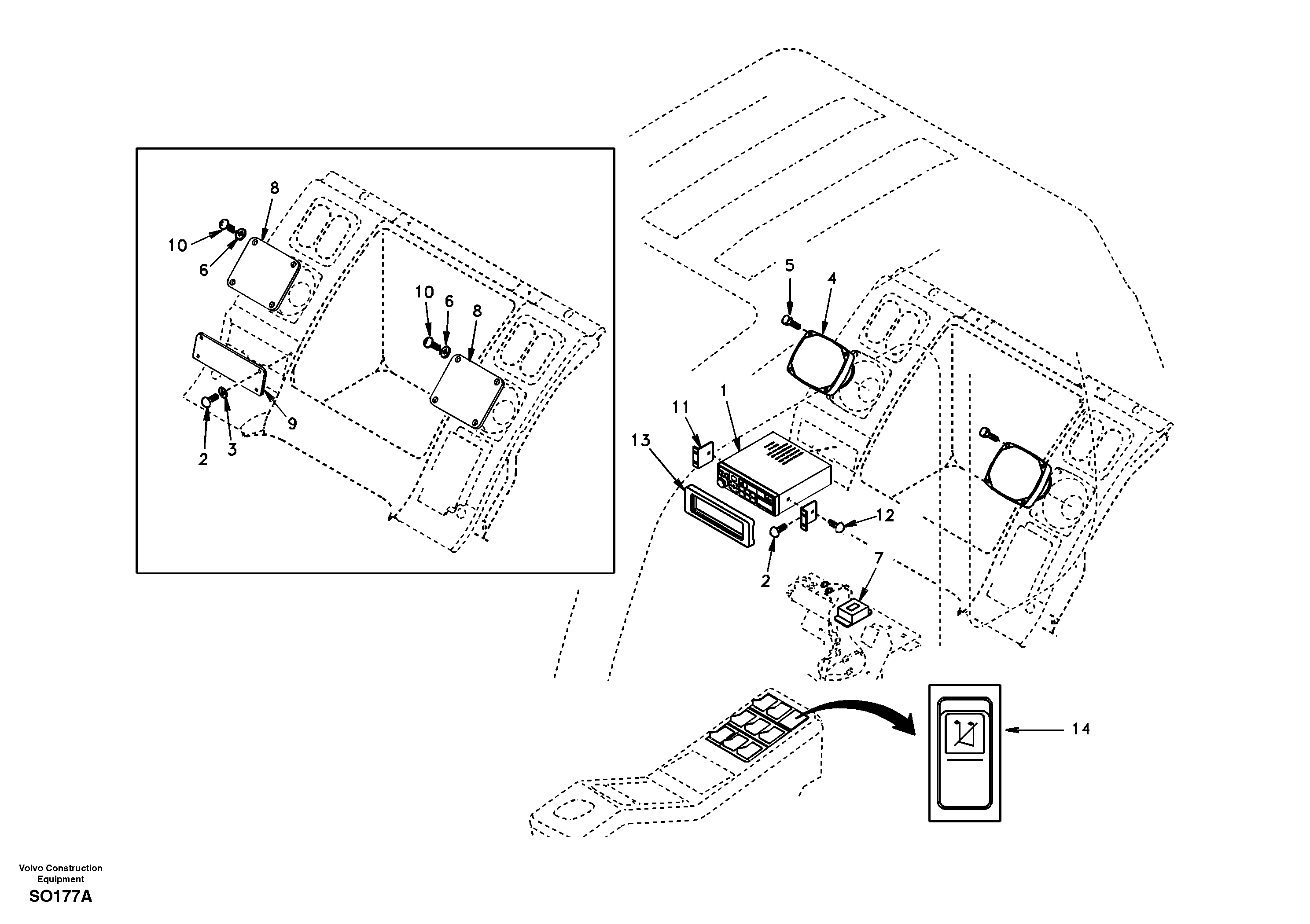 Схема запчастей Volvo EC150 - 100356 Cassette radio recorder with mounting details EC150