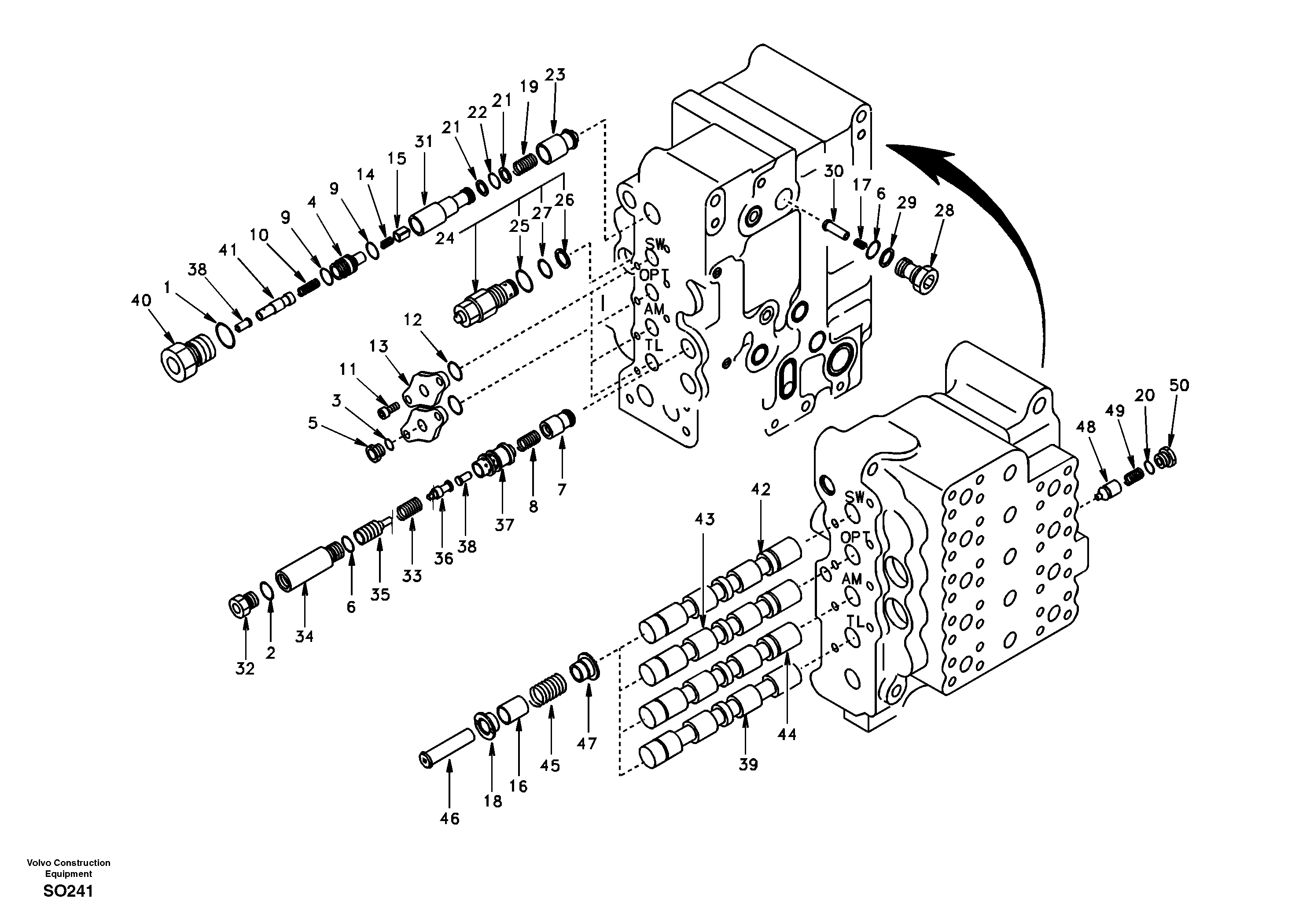 Схема запчастей Volvo EC150 - 39535 Main control valve, swing and option and dipper arm and travel Lh EC150