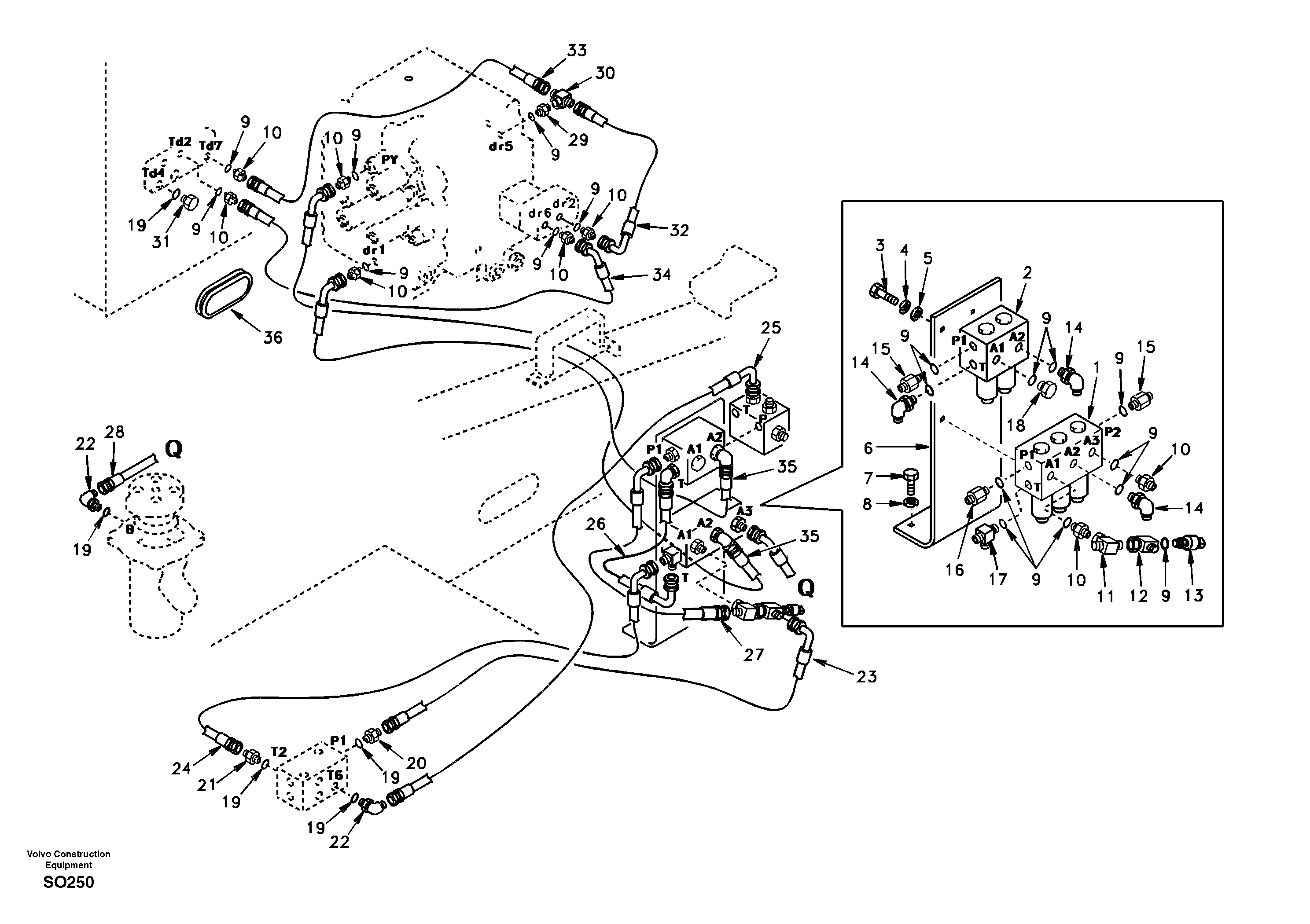 Схема запчастей Volvo EC150 - 20391 Servo system, control valve to solenoid valve EC150