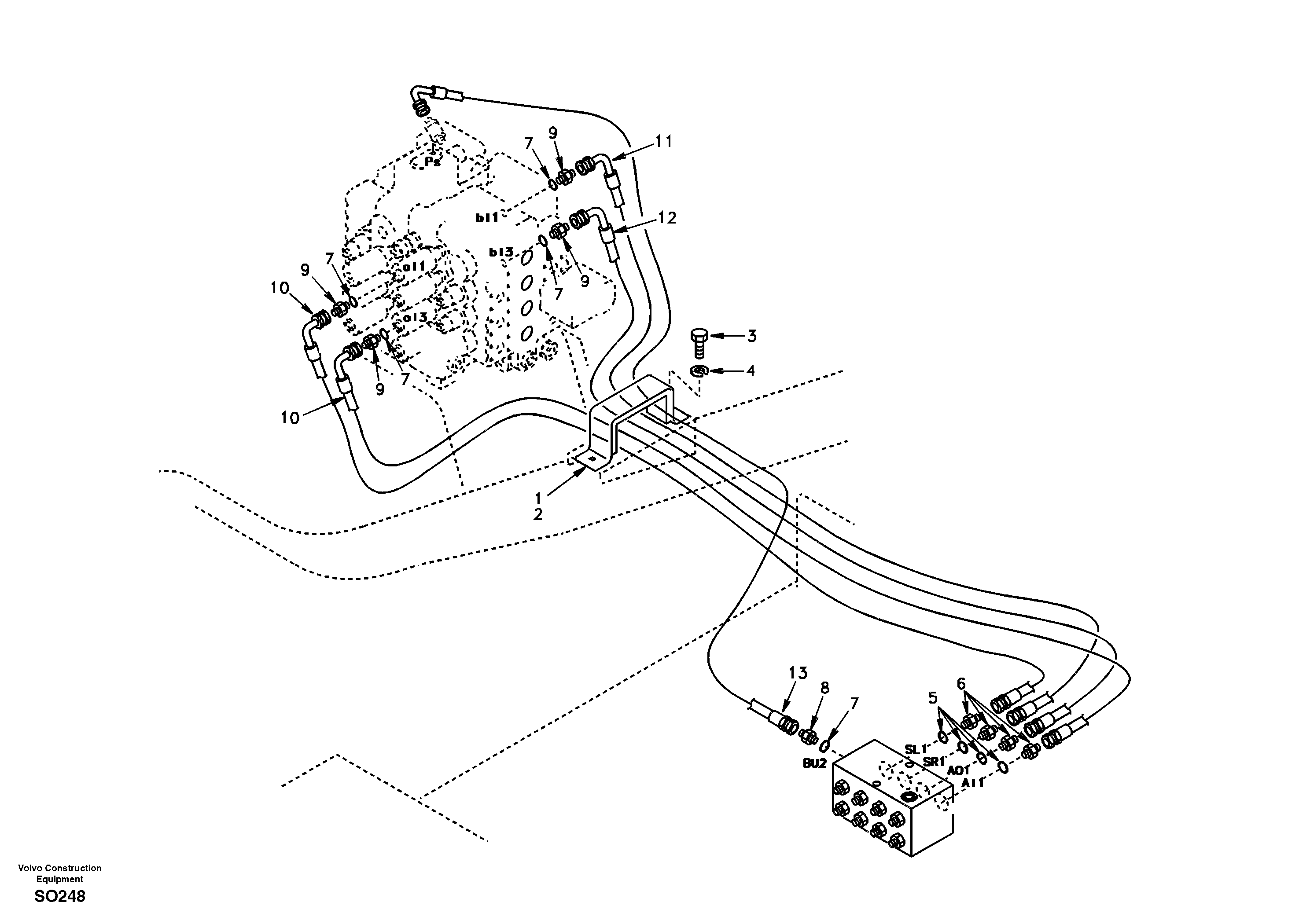 Схема запчастей Volvo EC150 - 44313 Servo system, control valve to remote control valve EC150