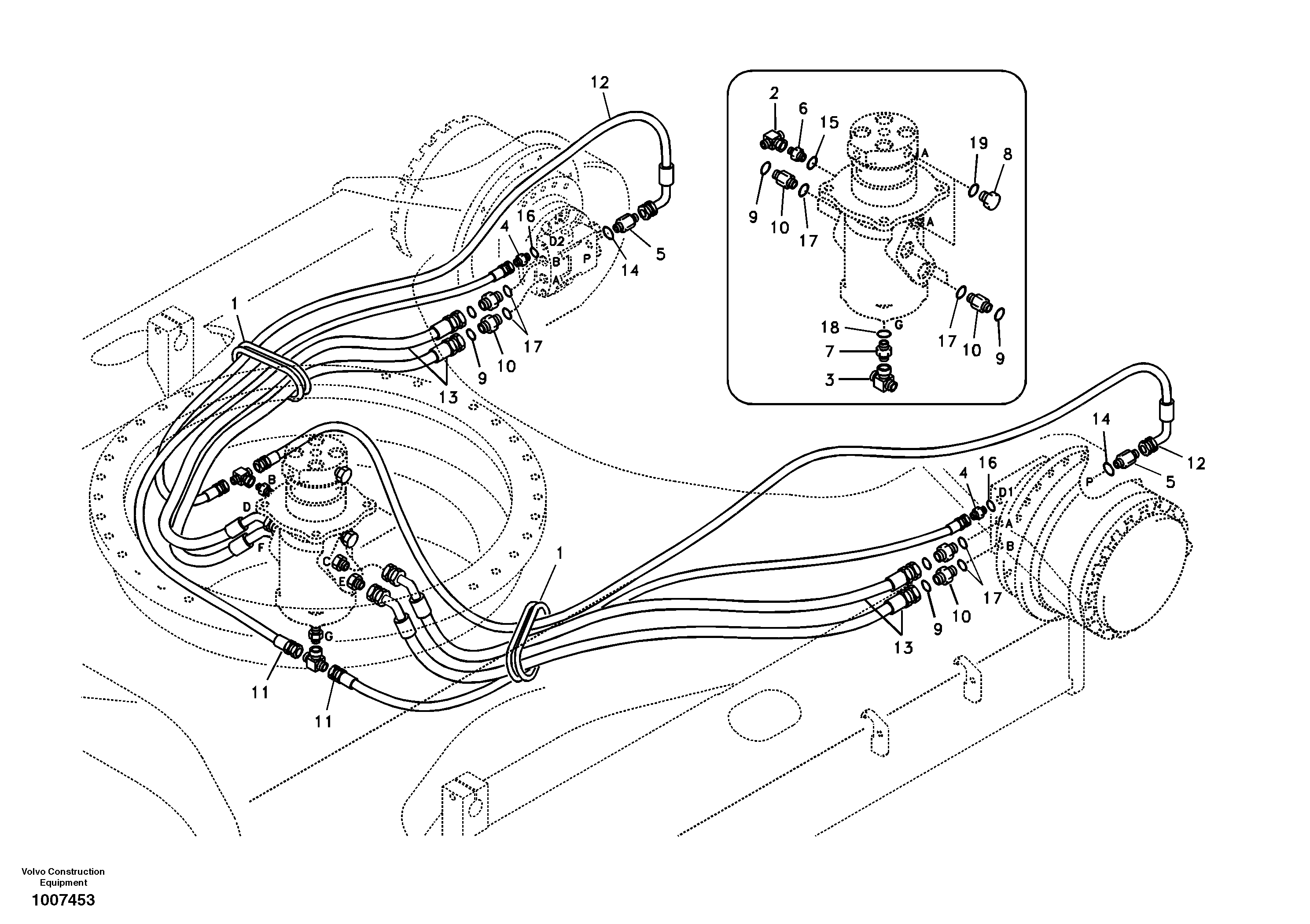 Схема запчастей Volvo EC160B - 1459 Turning joint line, turning joint to travel motor EC160B