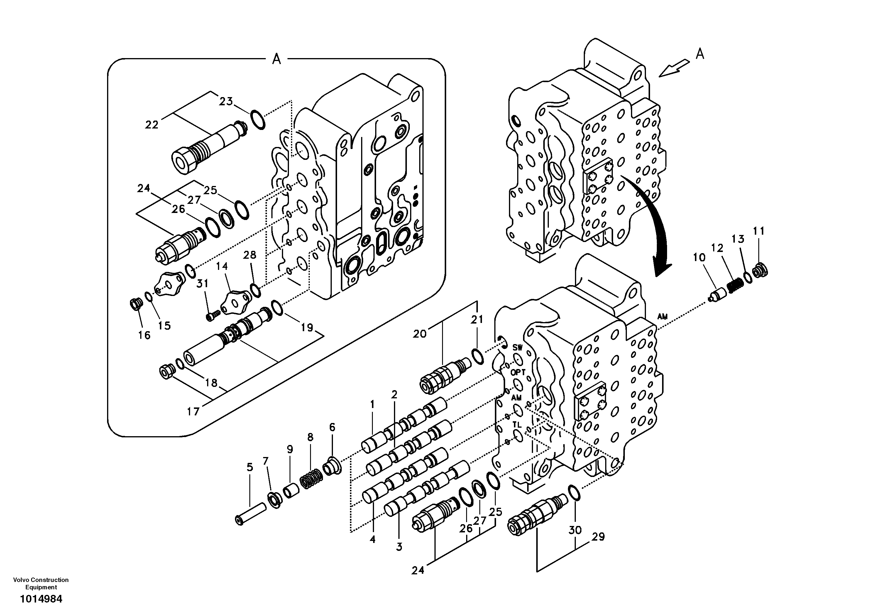Схема запчастей Volvo EC160B - 75185 Main control valve, swing and option and dipper arm and travel Lh EC160B