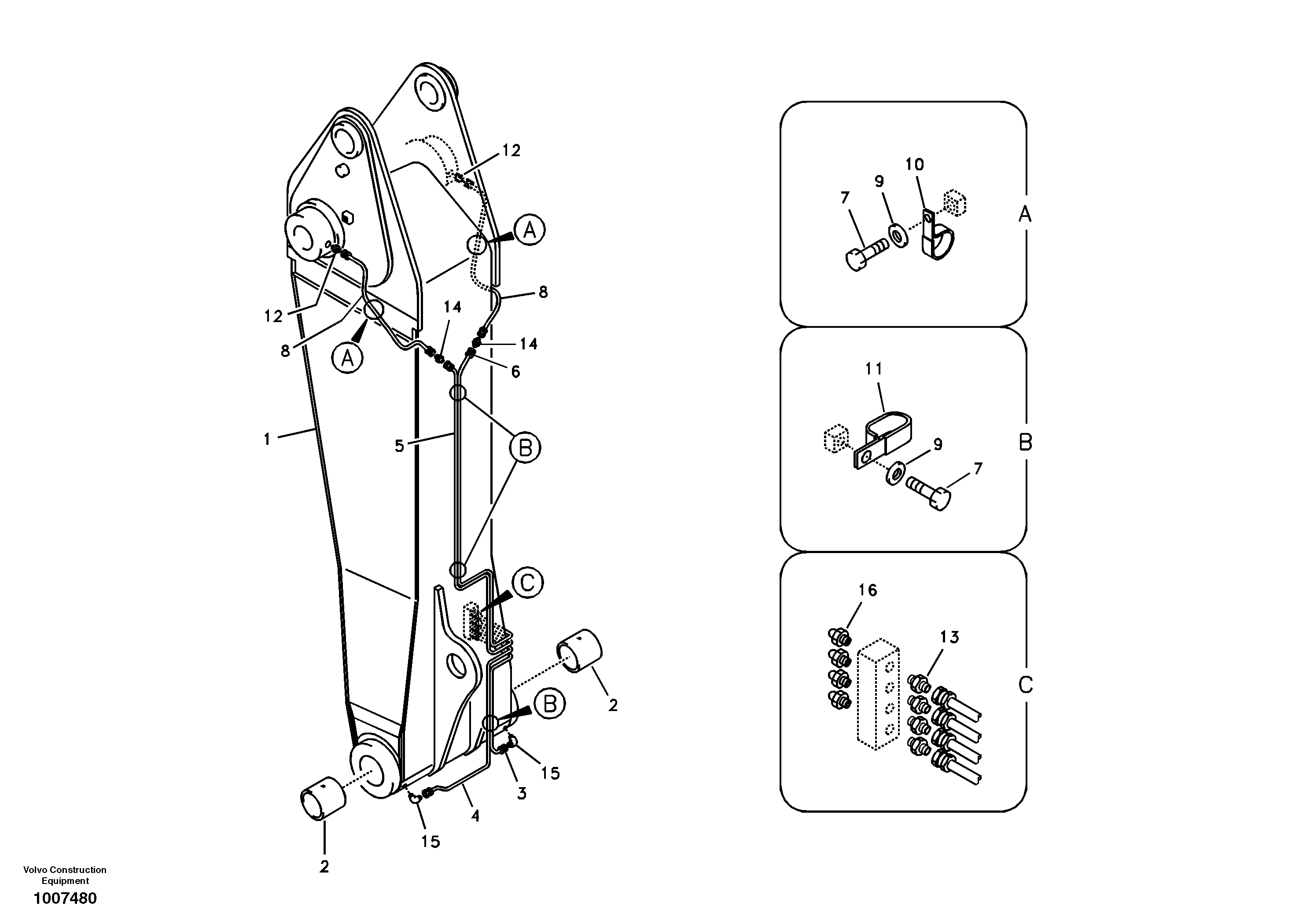 Схема запчастей Volvo EC160B - 17262 Boom and grease piping, adjustable 1st EC160B