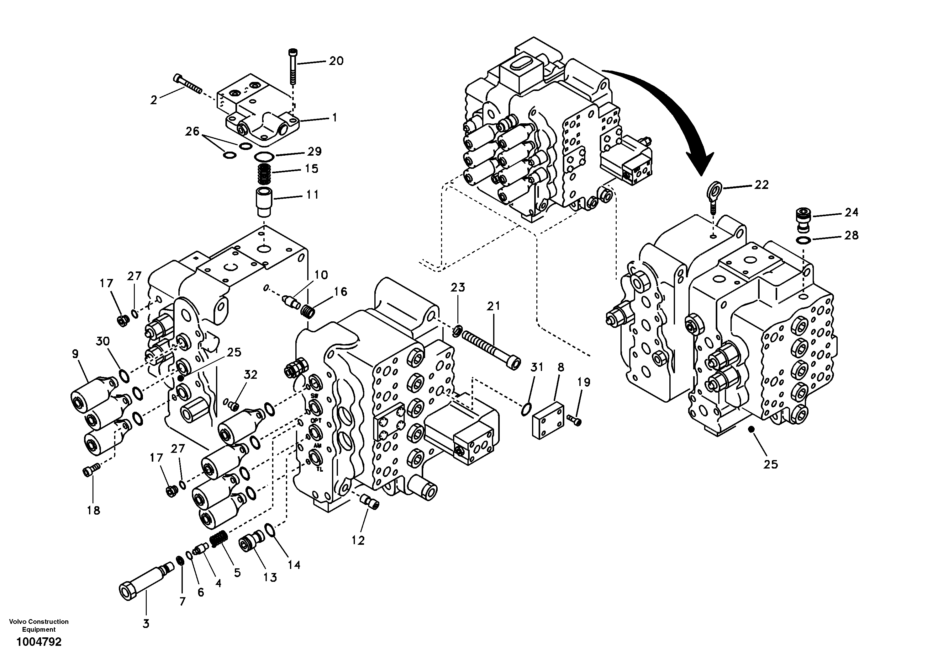 Схема запчастей Volvo EC160B - 103708 Main control valve, relife valve and boom holding EC160B PRIME S/N 12001-