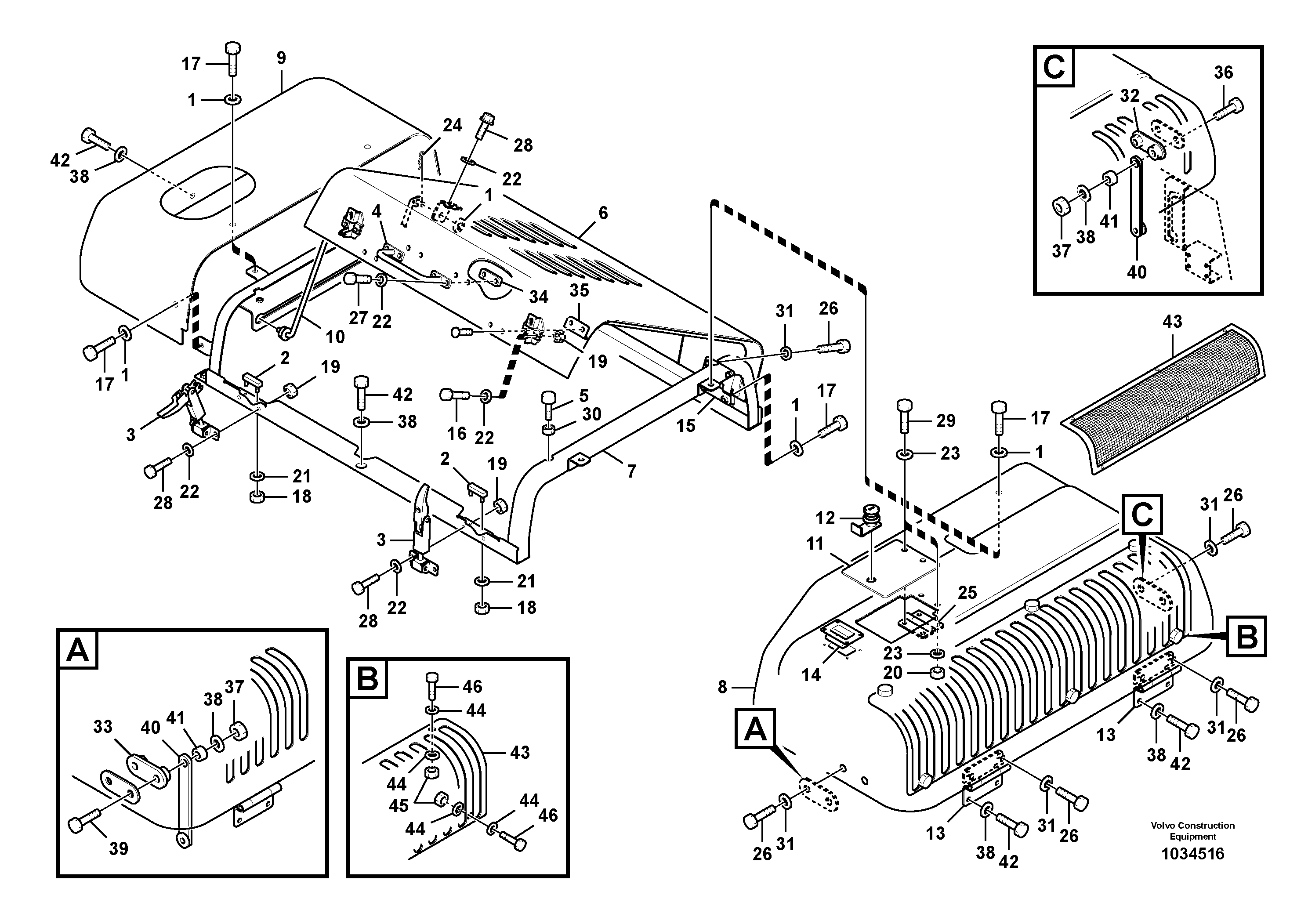 Схема запчастей Volvo EC210B - 33161 Cowl frame, cover and hood EC210B