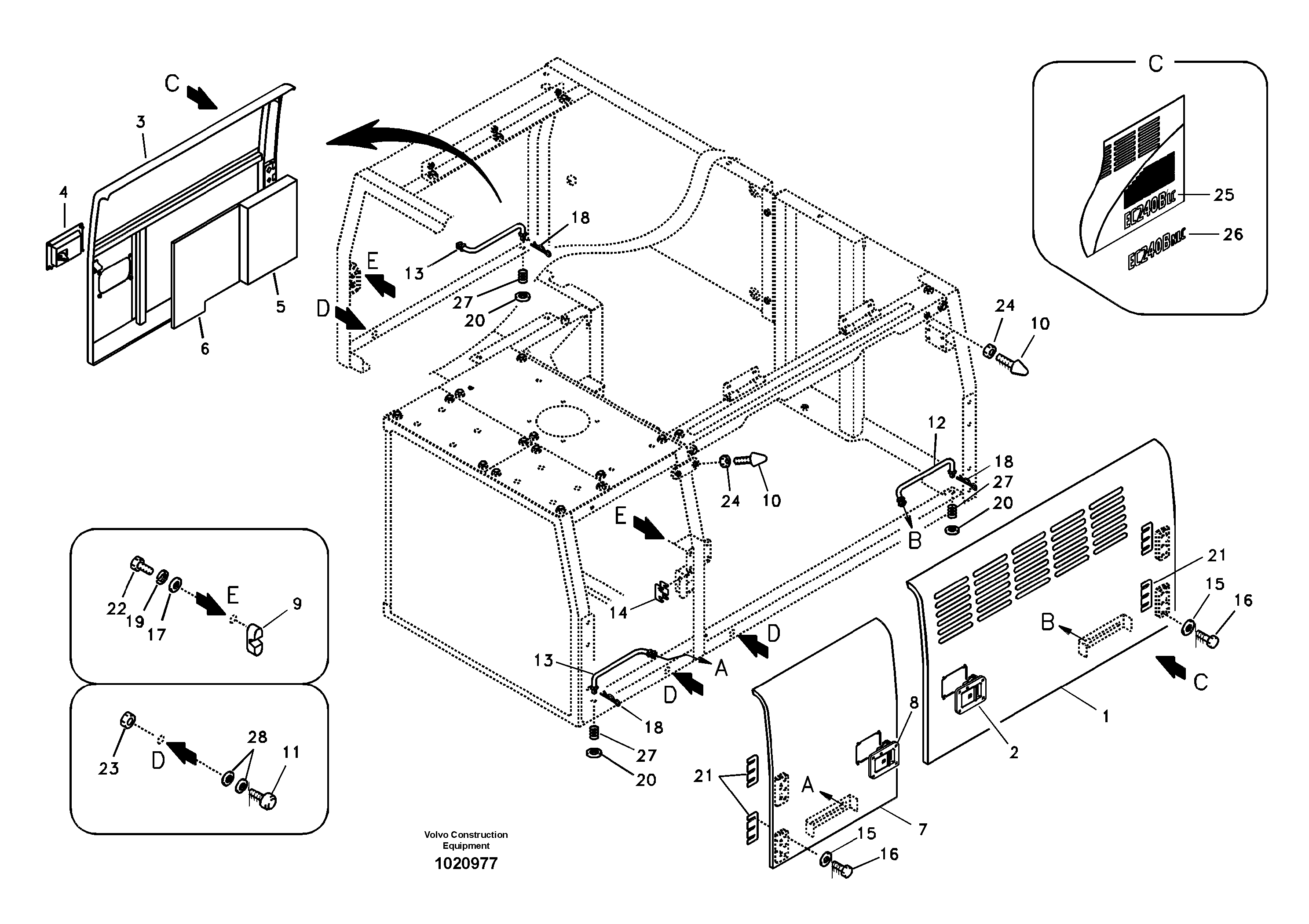 Схема запчастей Volvo EC240B - 4878 Door, side EC240B SER NO INT 12641- EU & NA 80001-