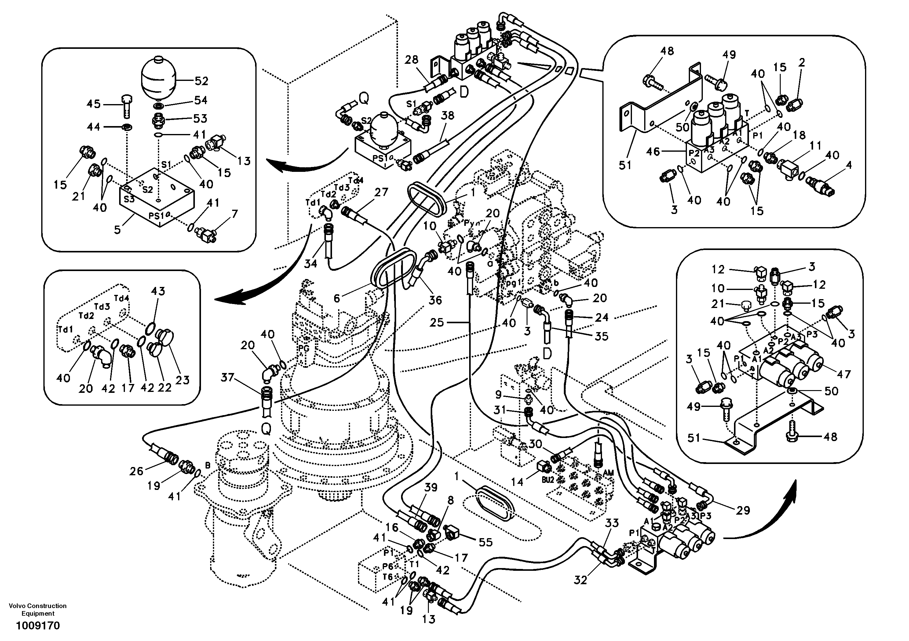 Схема запчастей Volvo EC240B - 100495 Servo system, control valve to solenoid valve EC240B