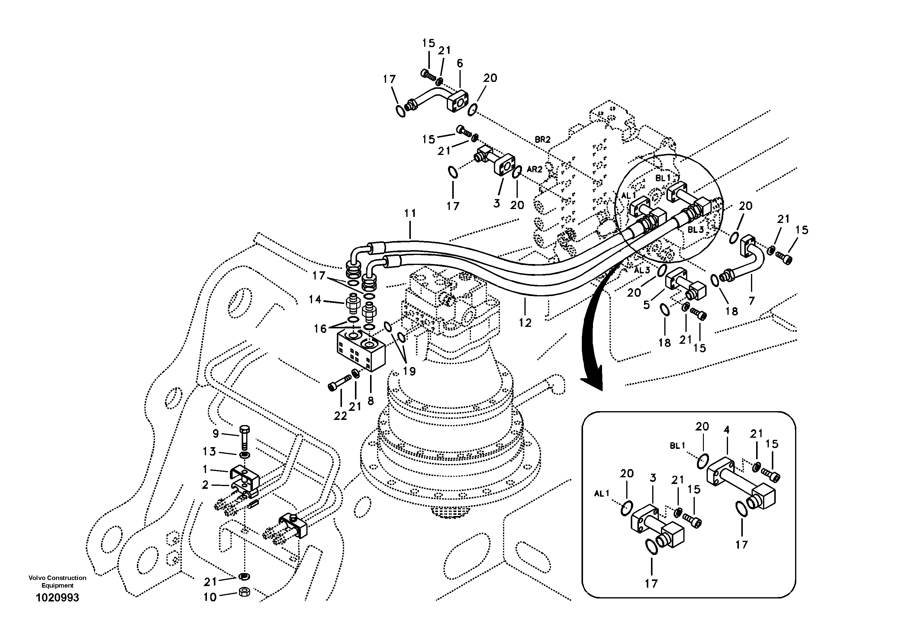 Схема запчастей Volvo EC240B - 10033 Hydraulic system, control valve to boom and swing EC240B SER NO INT 12641- EU & NA 80001-