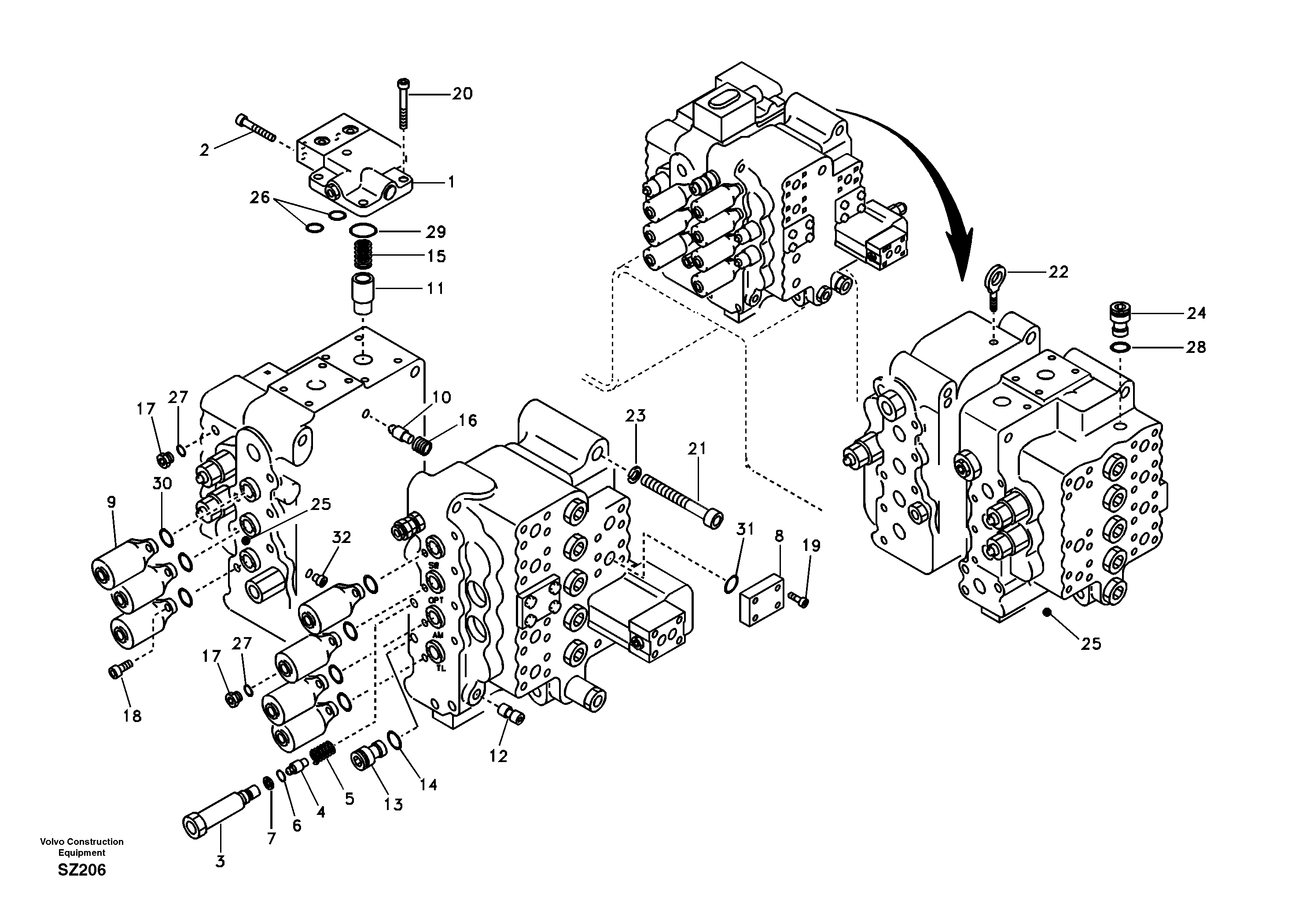 Схема запчастей Volvo EC240B - 96723 Main control valve, relife valve and boom holding EC240B SER NO INT 12641- EU & NA 80001-