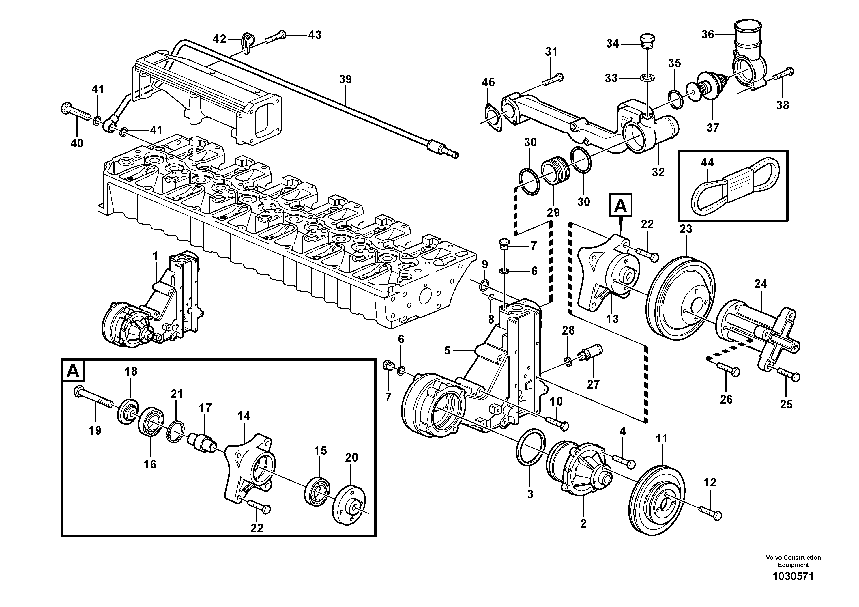 Схема запчастей Volvo EC290B - 22113 Water pump and thermostat housing EC290B