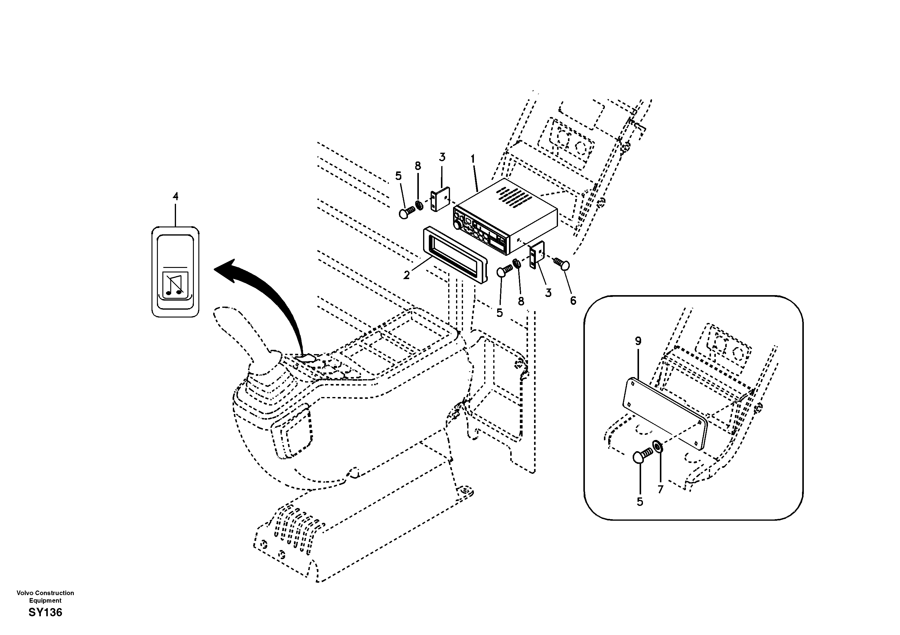 Схема запчастей Volvo EC290B - 58793 Cassette radio recorder with mounting details EC290B