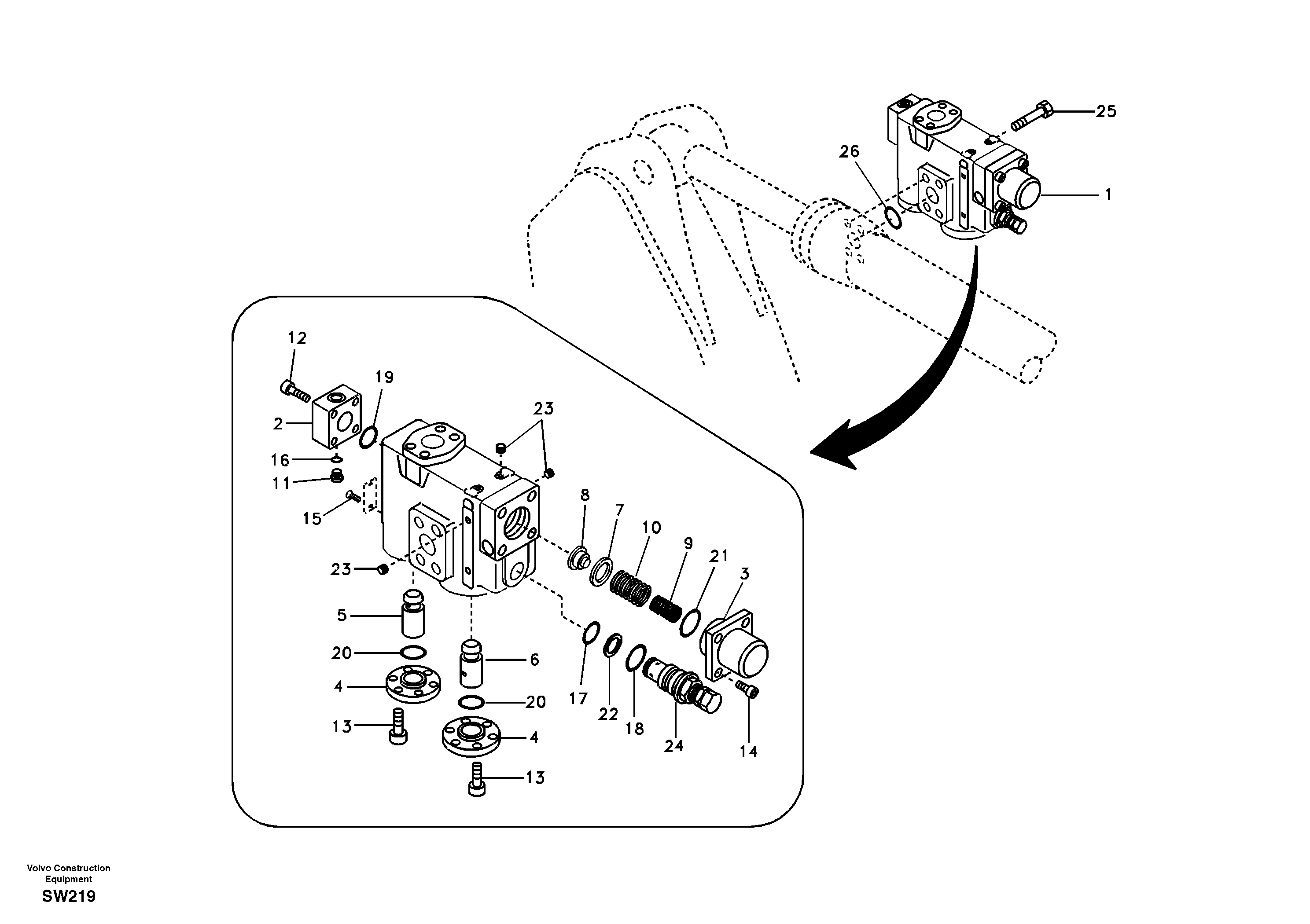 Схема запчастей Volvo EC360B - 7822 Working hydraulic, dipper arm rupture valve mount EC360B