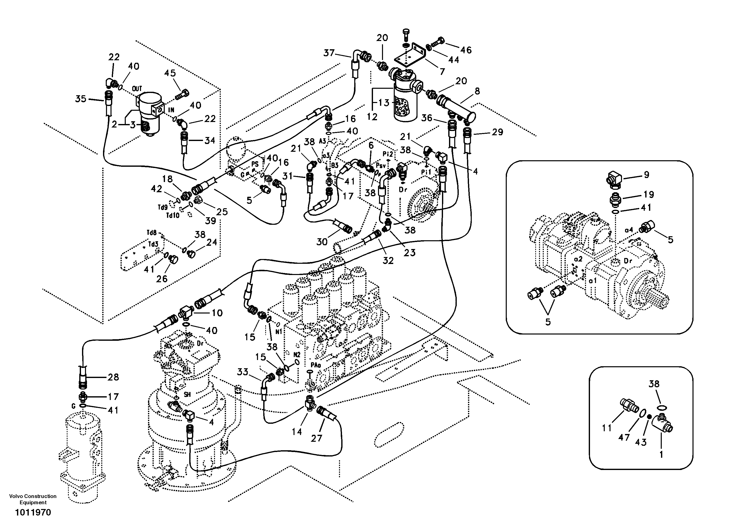 Схема запчастей Volvo EC360B - 47973 Servo system, pump piping and filter mount EC360B