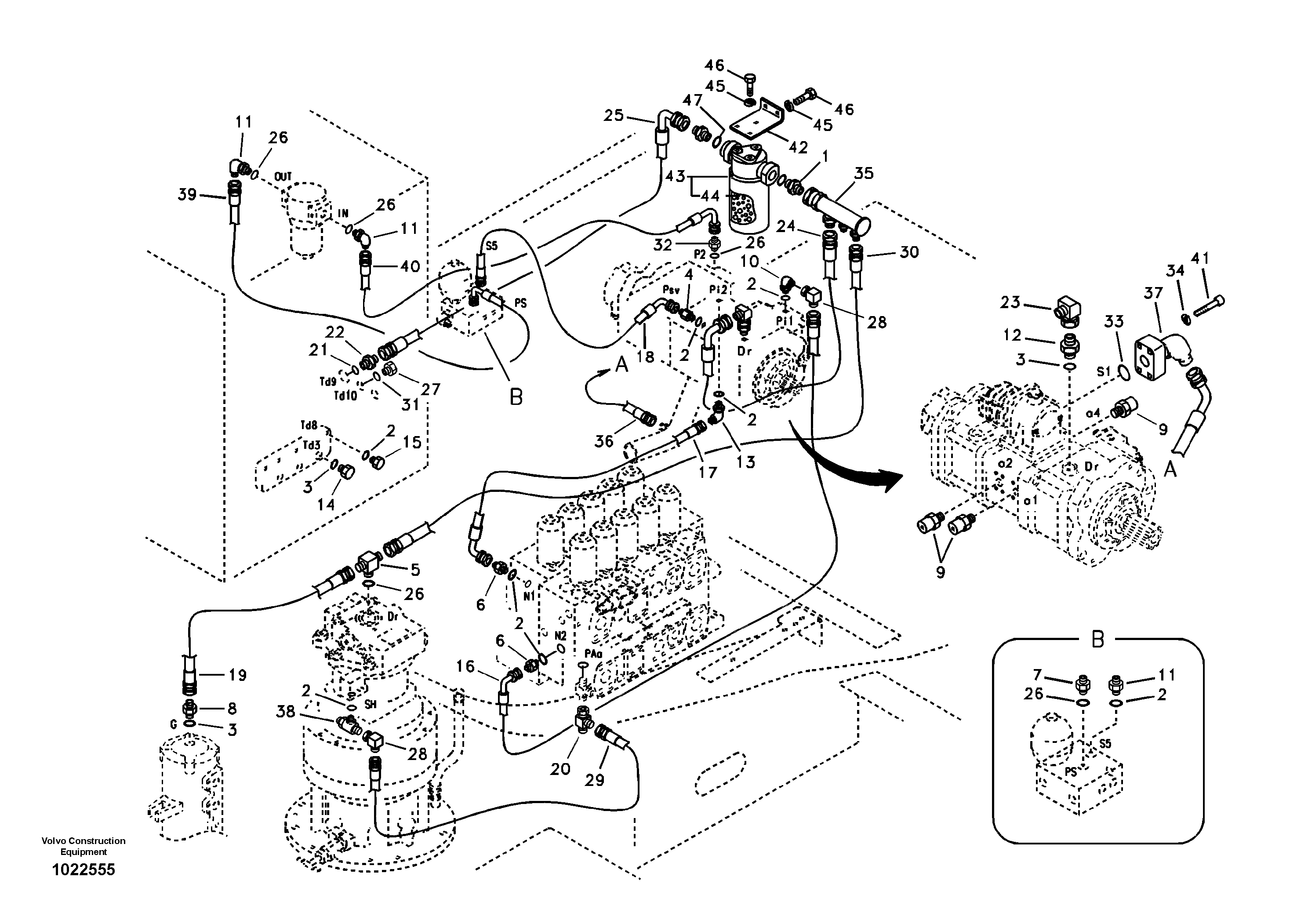 Схема запчастей Volvo EC360B - 47974 Servo system, control valve to solenoid valve EC360B