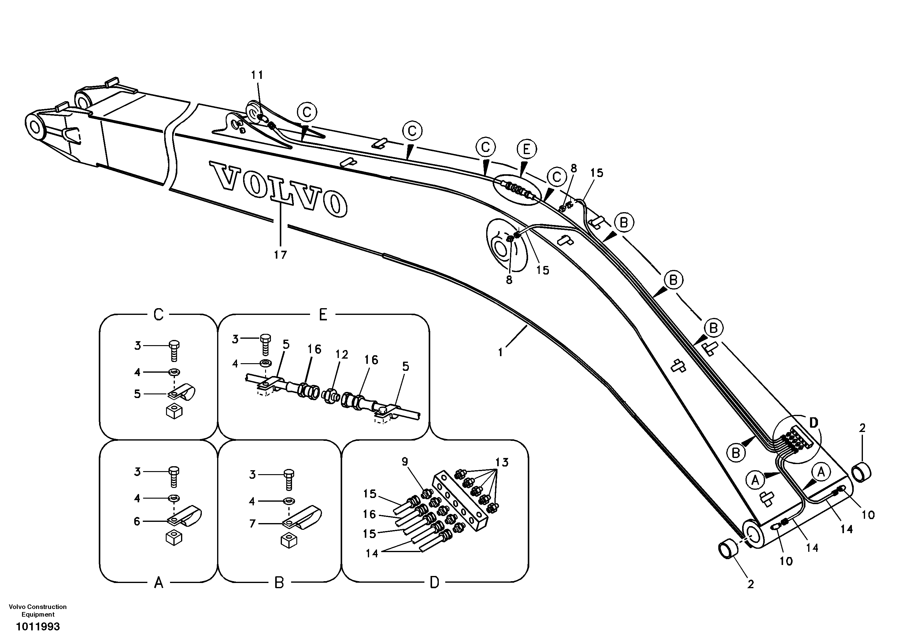 Схема запчастей Volvo EC360B - 34532 Boom and grease piping, long reach EC360B