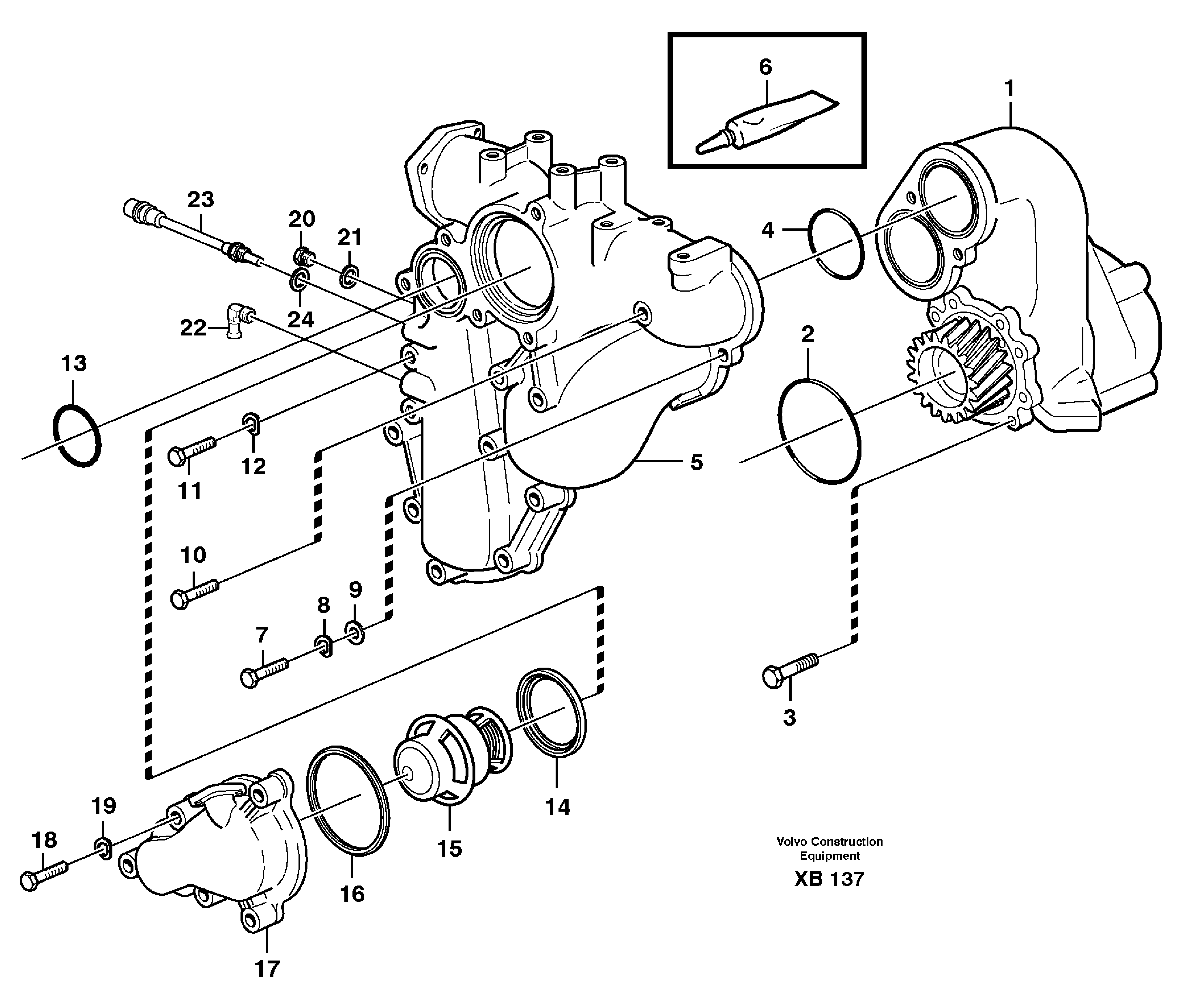 Схема запчастей Volvo EC360B - 58643 Water pump and thermostat housing EC360B