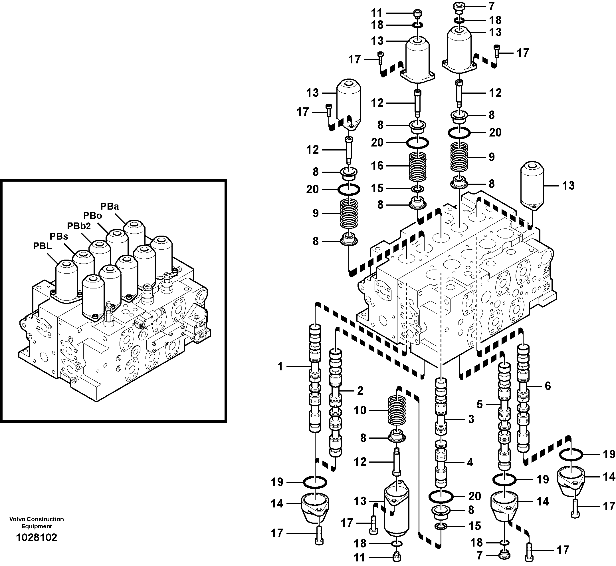 Схема запчастей Volvo EC360B - 51367 Main control valve, swing and option and dipper arm and travel Lh EC360B PRIME S/N 15001-/85001- 35001-