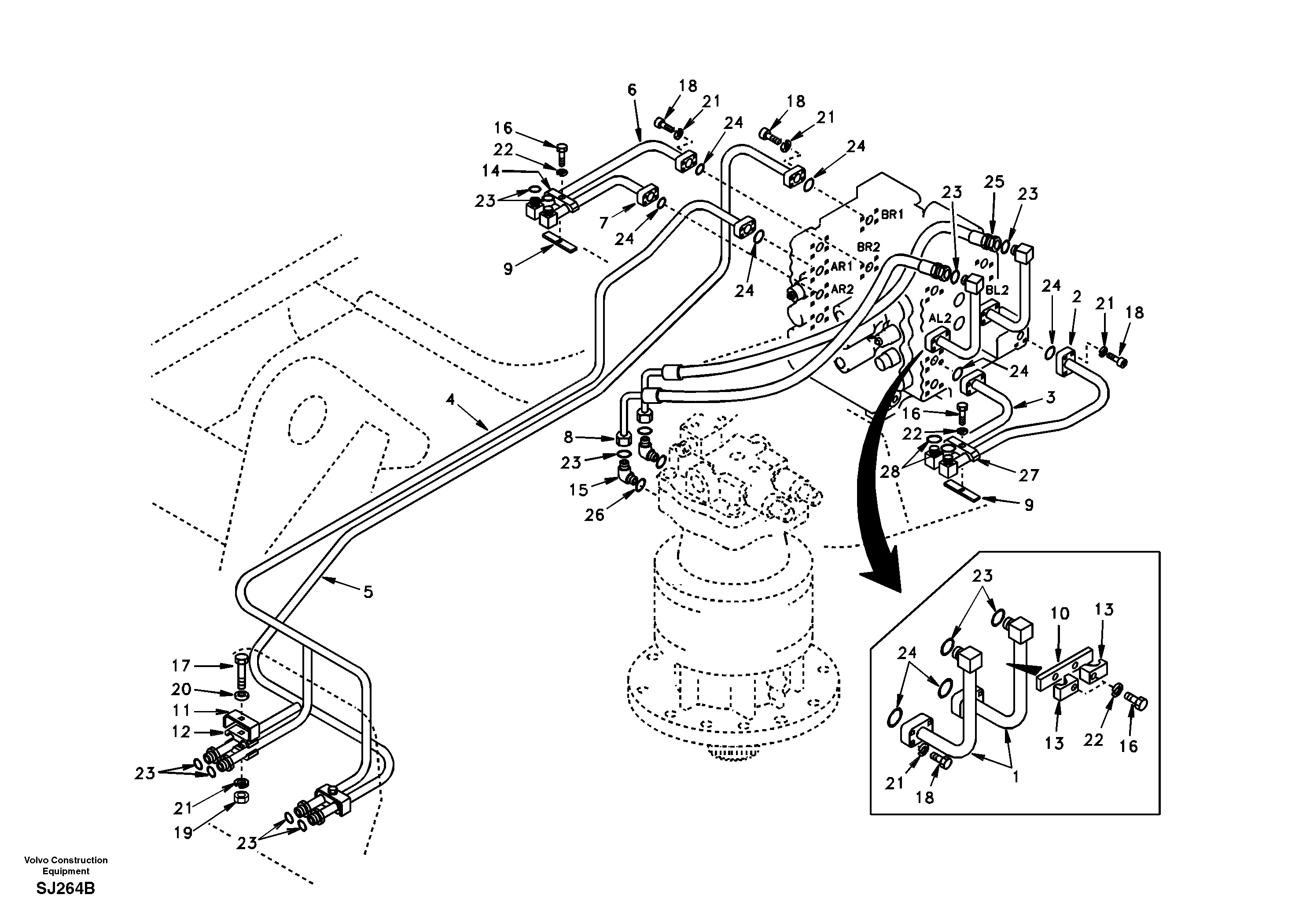 Схема запчастей Volvo EW170 - 77441 Hydraulic system, control valve to boom and swing EW170 & EW180 SER NO 3031-