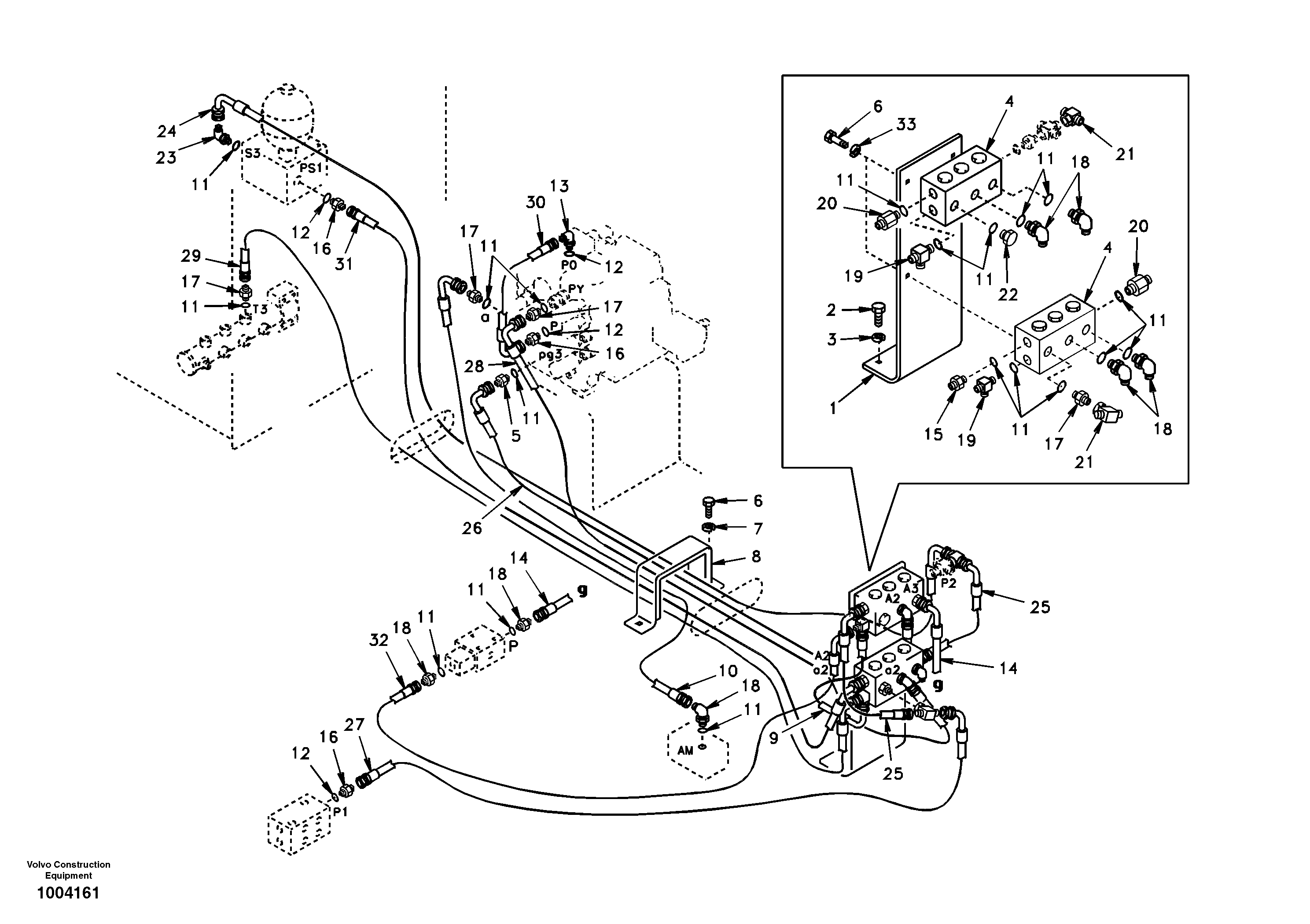 Схема запчастей Volvo EW170 - 375 Servo system, control valve to solenoid valve EW170 SER NO 3031-